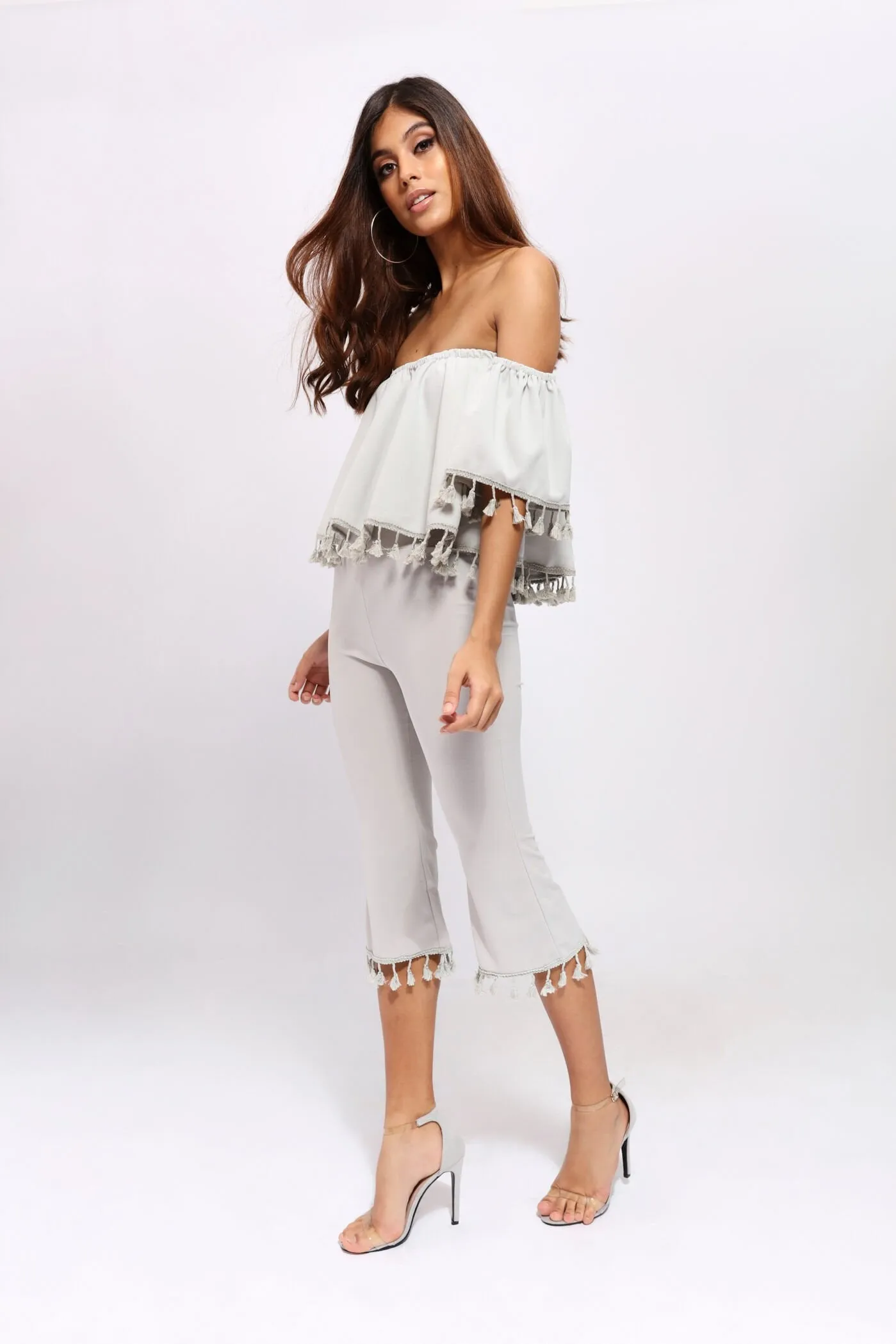 Grey Tassle Hem Cropped Trousers