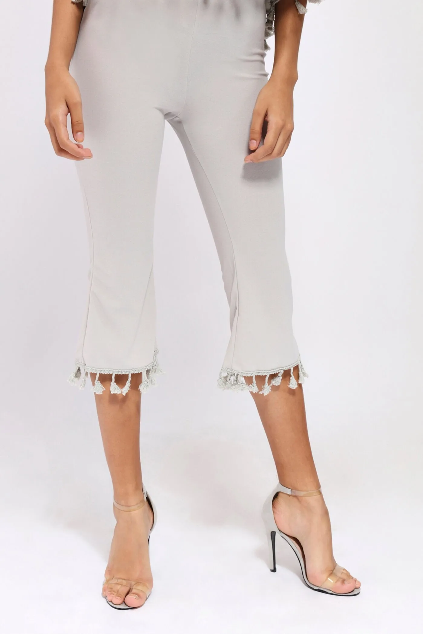 Grey Tassle Hem Cropped Trousers