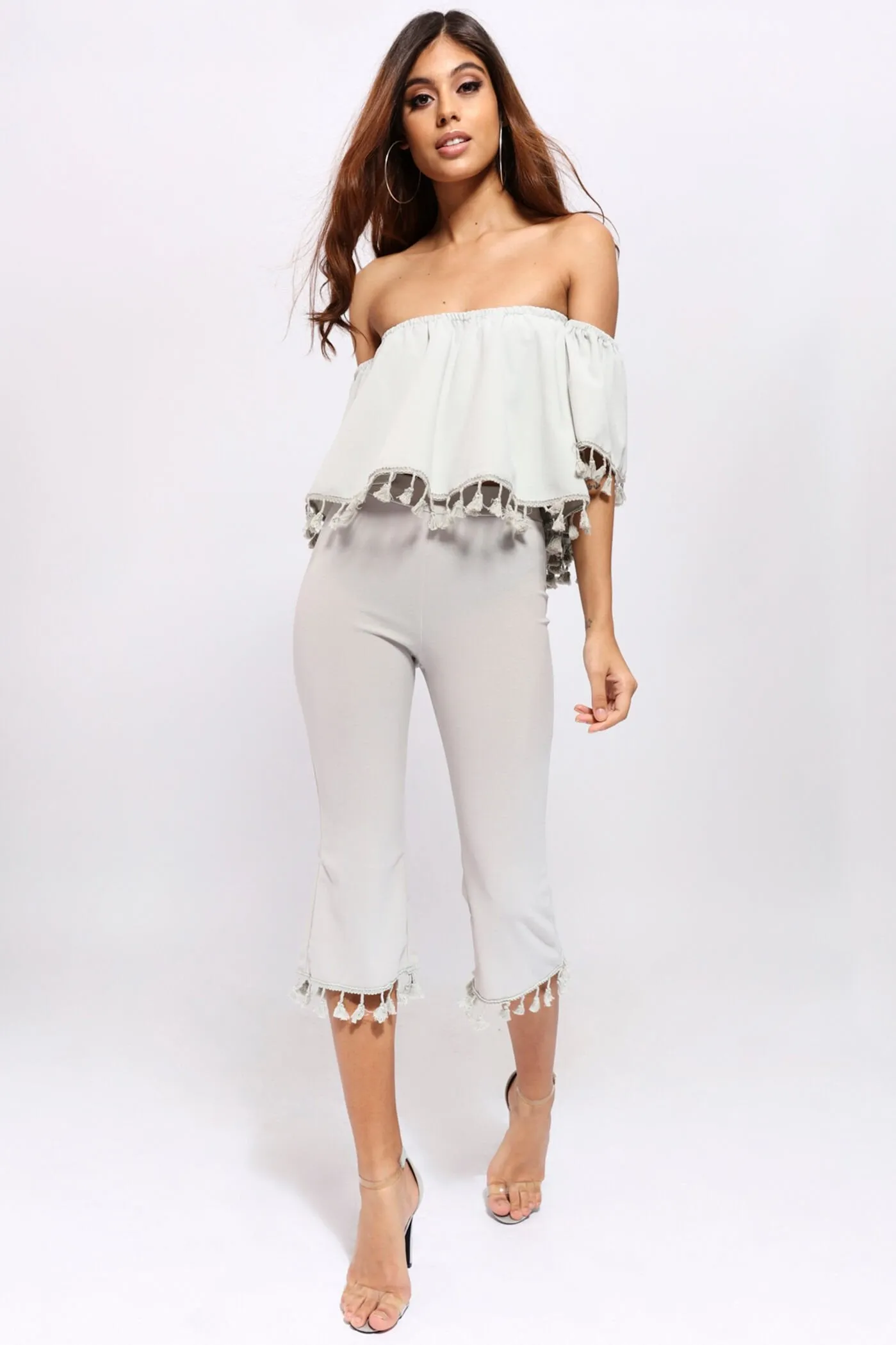 Grey Tassle Hem Cropped Trousers