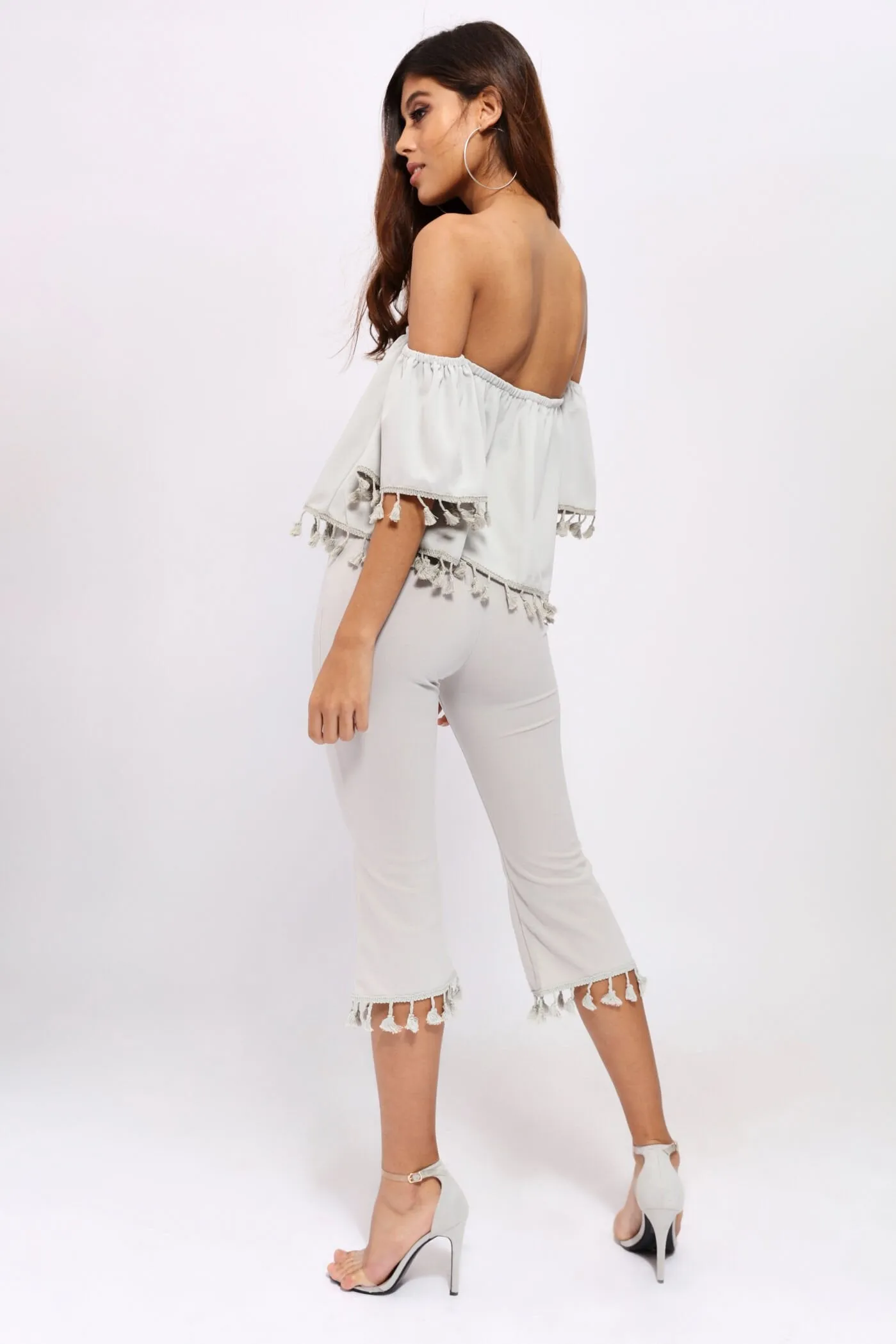 Grey Tassle Hem Cropped Trousers