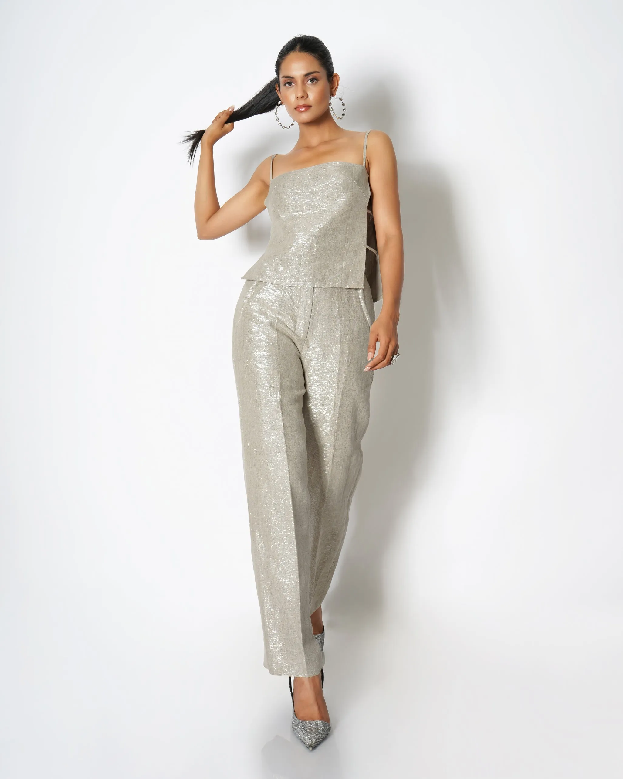 High-waisted 100% linen shimmer trousers