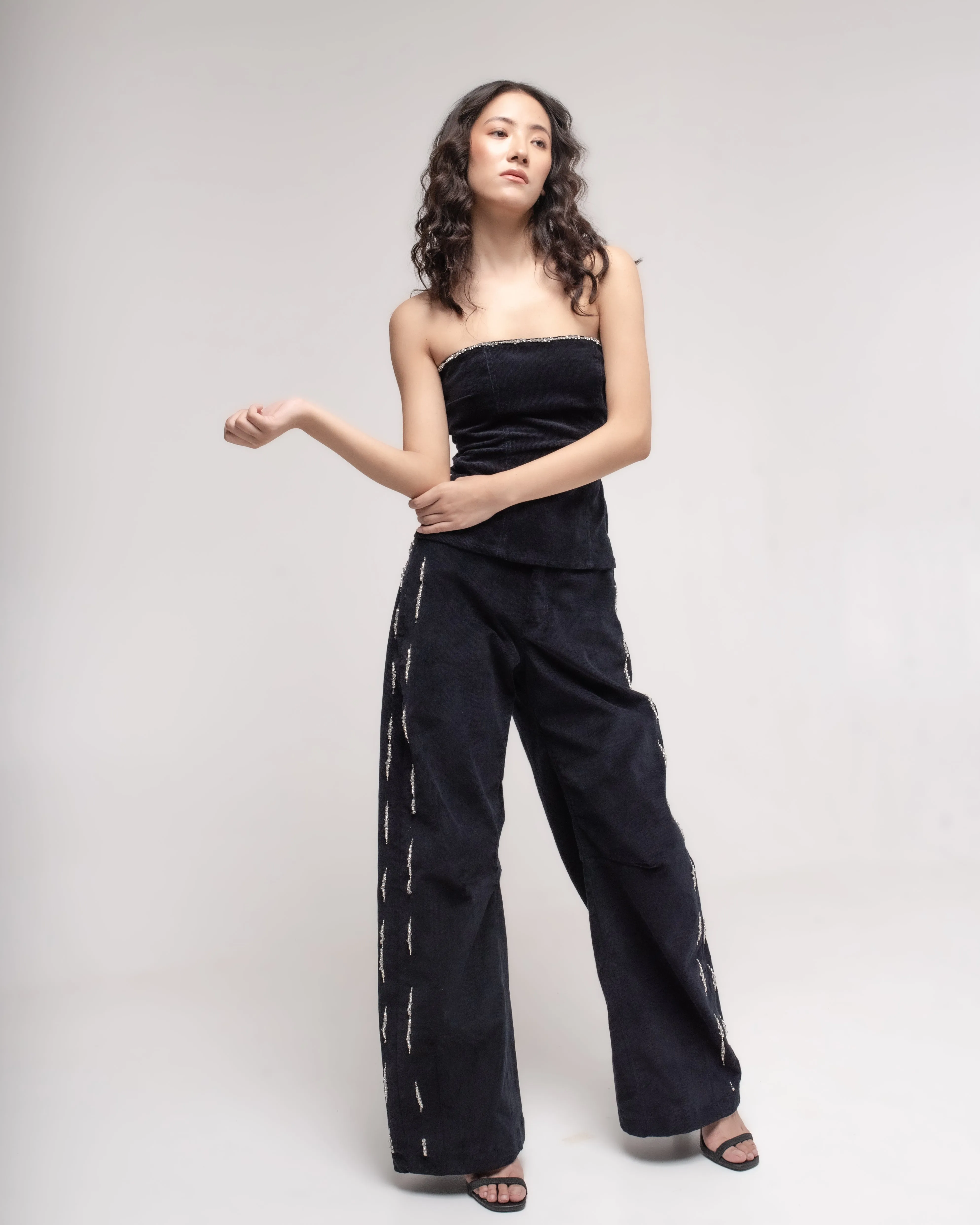 High-waisted embellished corduroy barrel trousers