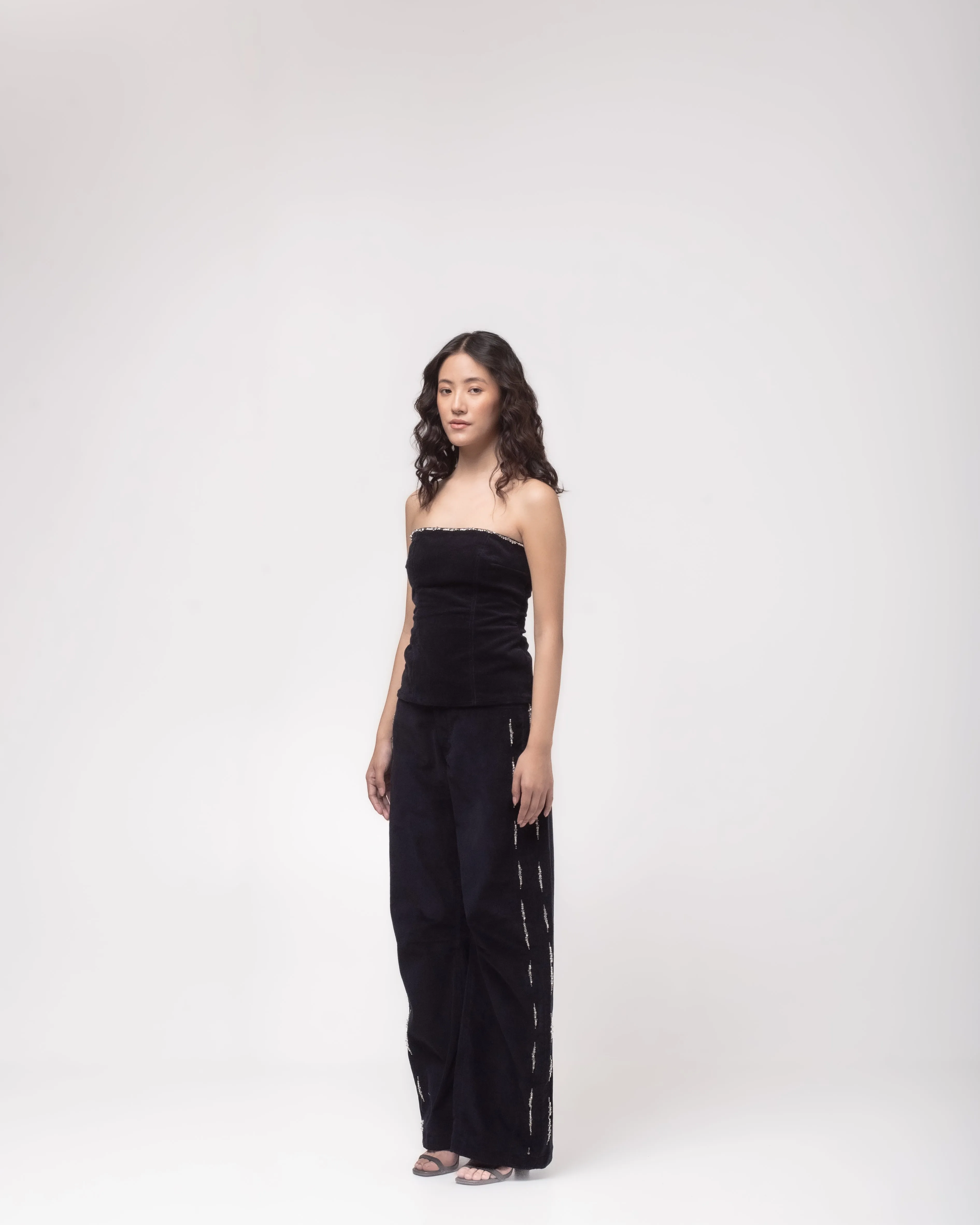 High-waisted embellished corduroy barrel trousers