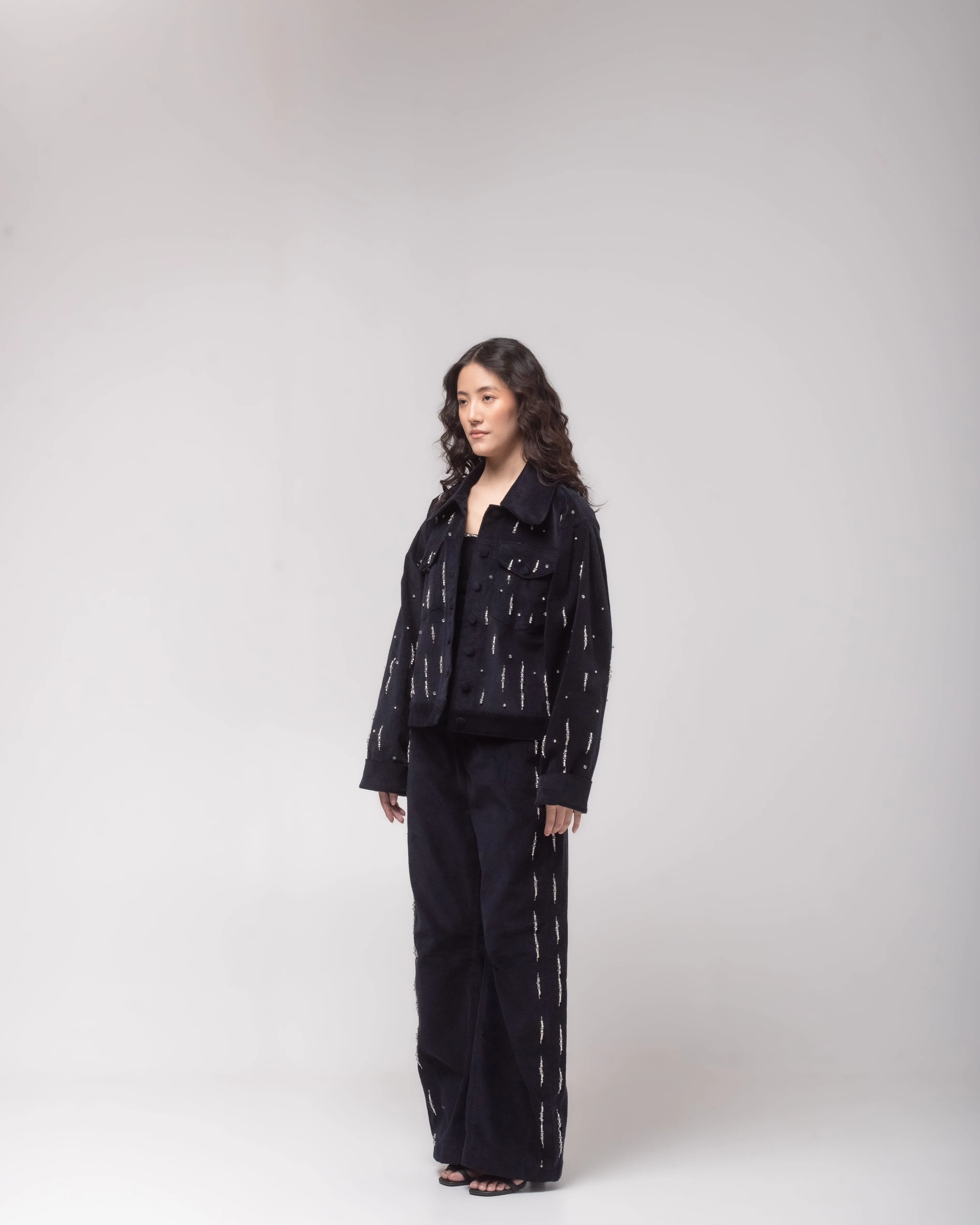 High-waisted embellished corduroy barrel trousers