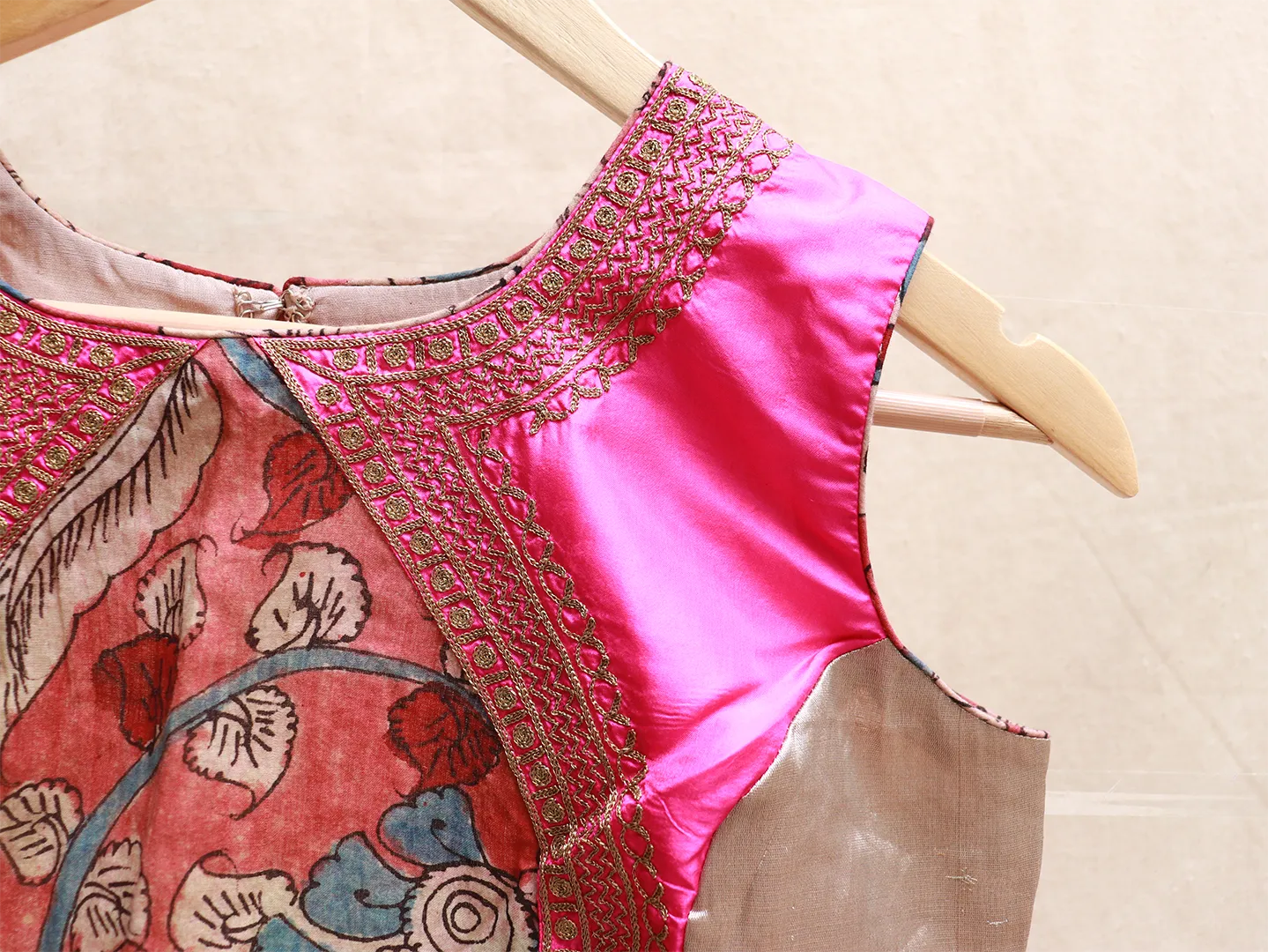 Hot Pink, silk, Kalamkari, Hand embroidery blouse