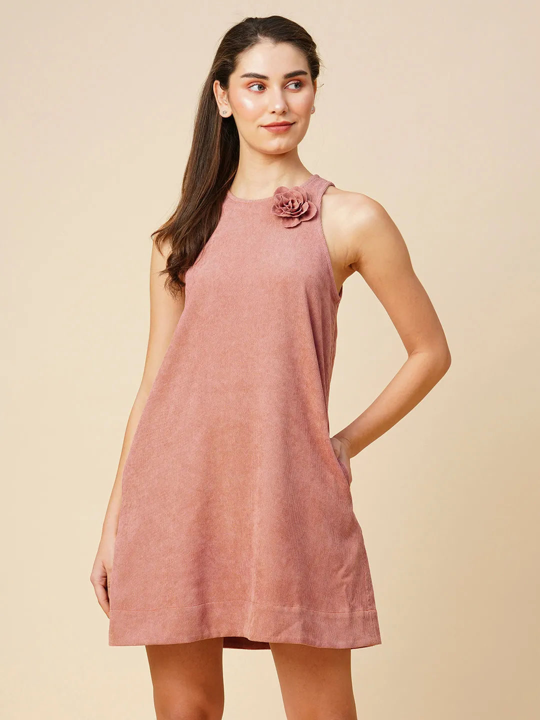 Incut Light Weight Corduroy A-Line Shift Dress W/ Corsage