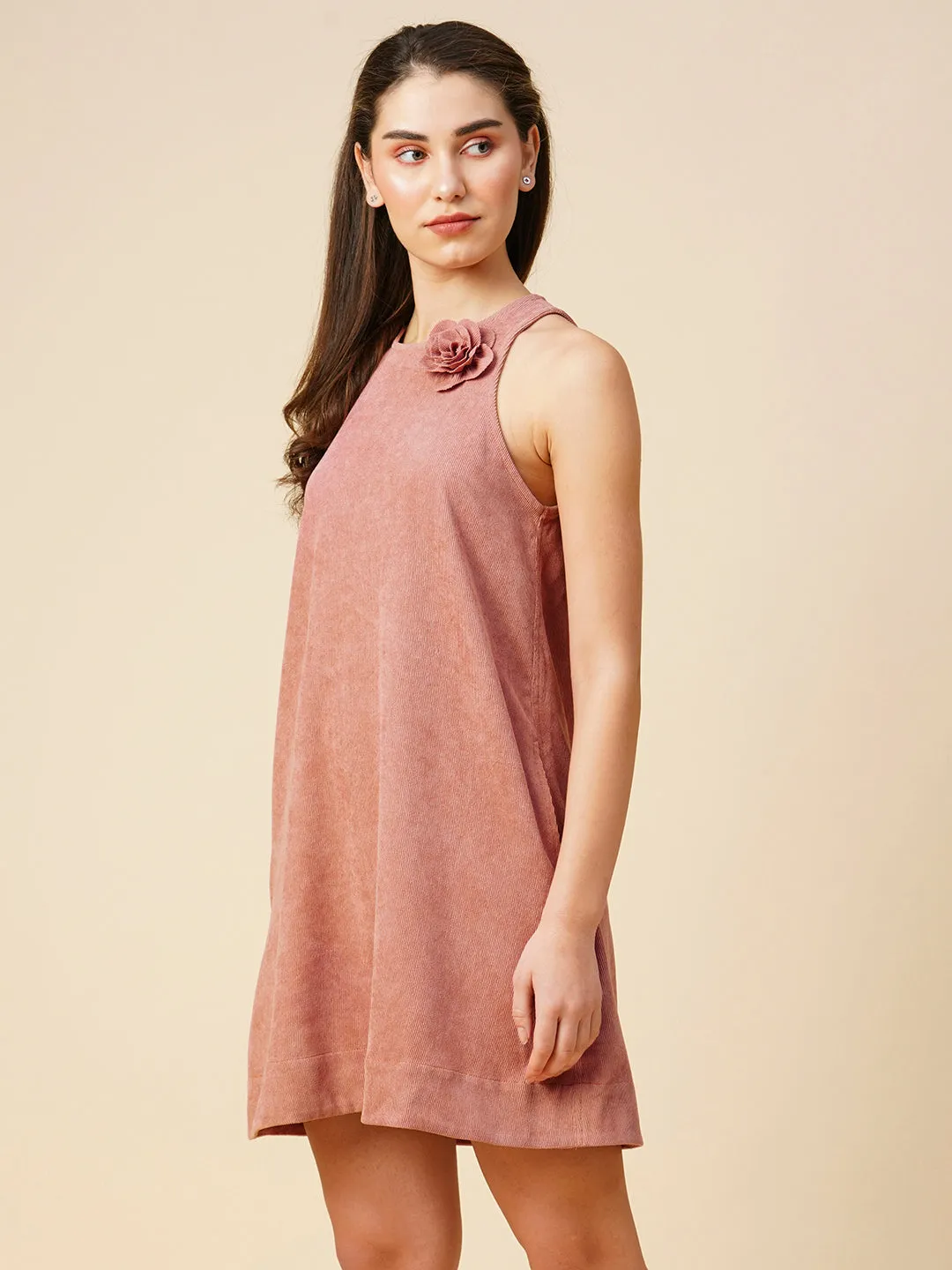 Incut Light Weight Corduroy A-Line Shift Dress W/ Corsage