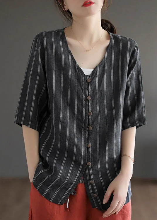 Italian Black Striped V Neck Button Patchwork Linen Blouses Summer LY6258