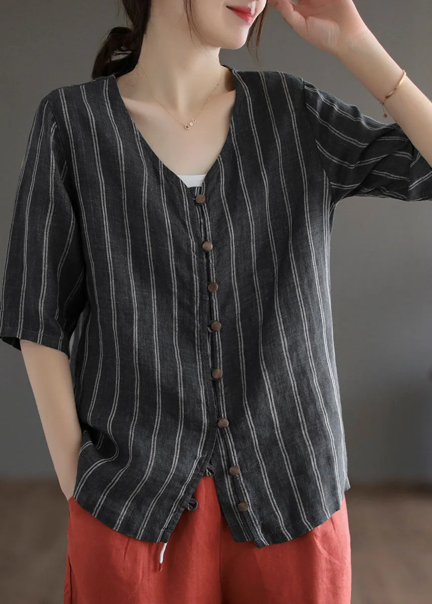 Italian Black Striped V Neck Button Patchwork Linen Blouses Summer LY6258