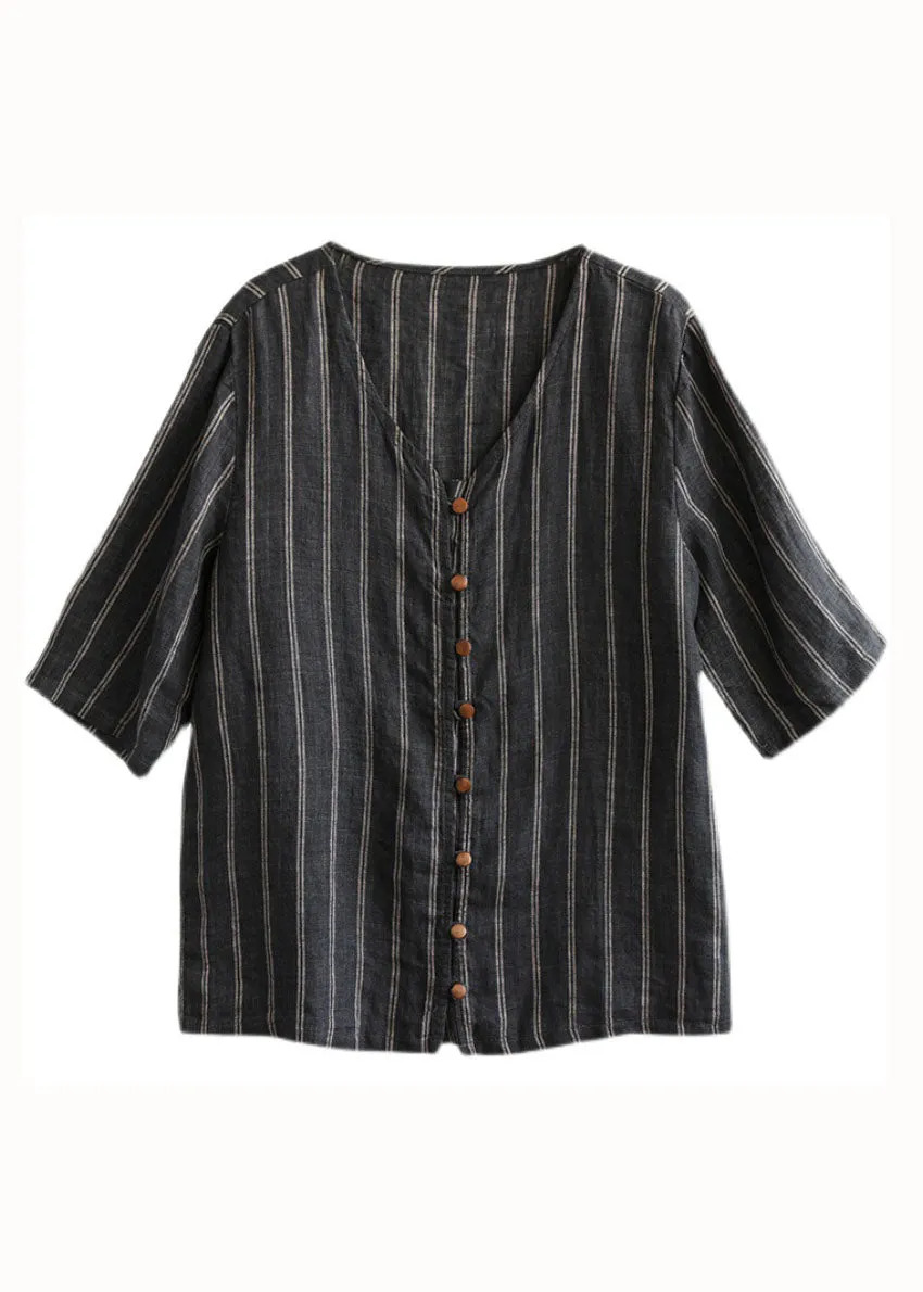 Italian Black Striped V Neck Button Patchwork Linen Blouses Summer LY6258