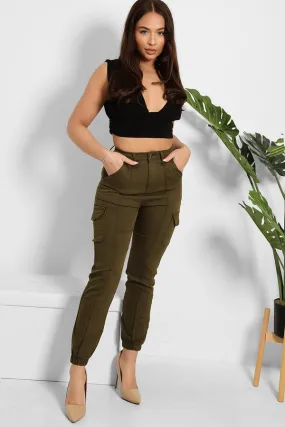 KHAKI HIGH WAISTED POCKET COMBAT TROUSERS