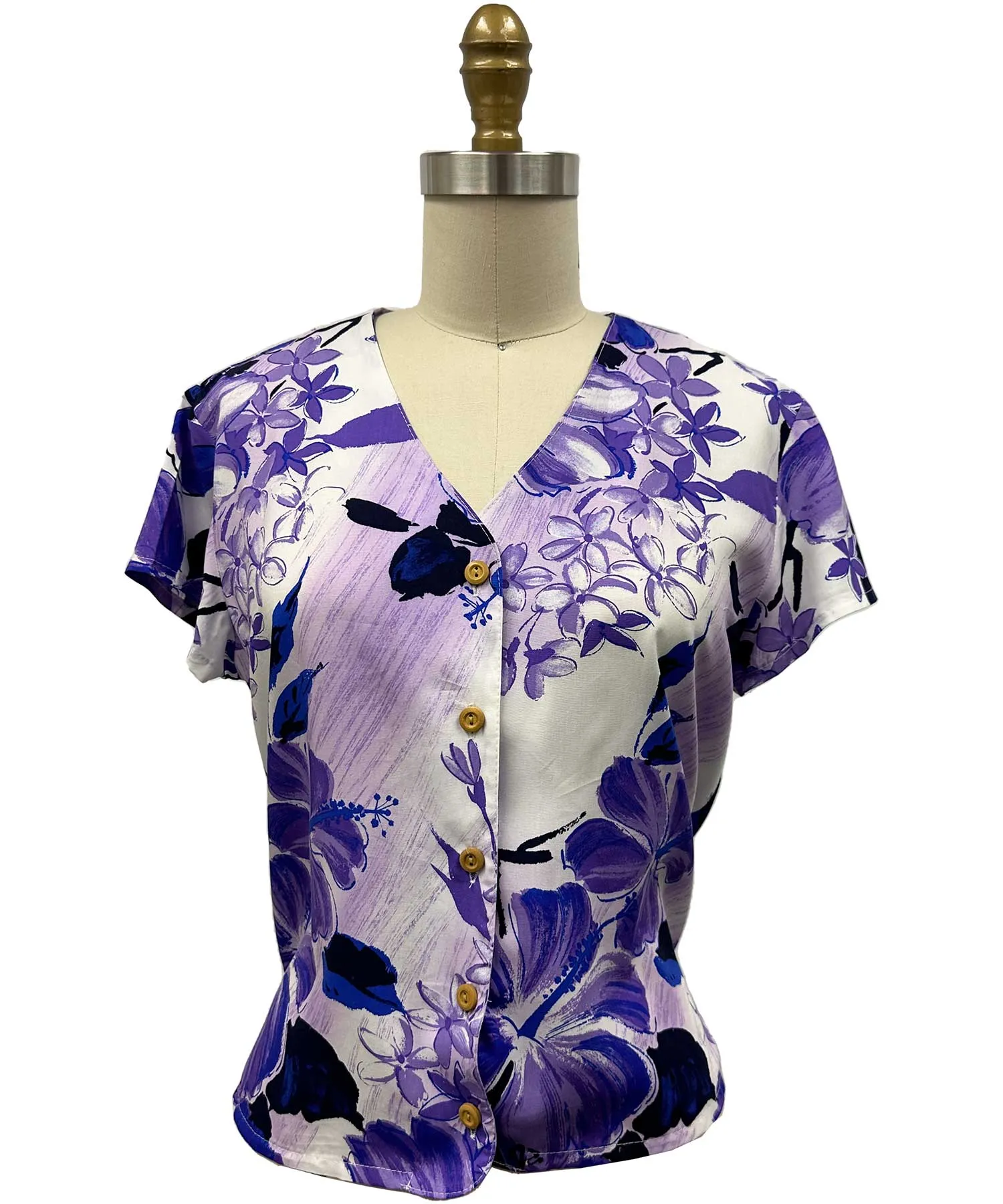 Ladies Watercolor Hibiscus Purple V-Neck Blouse