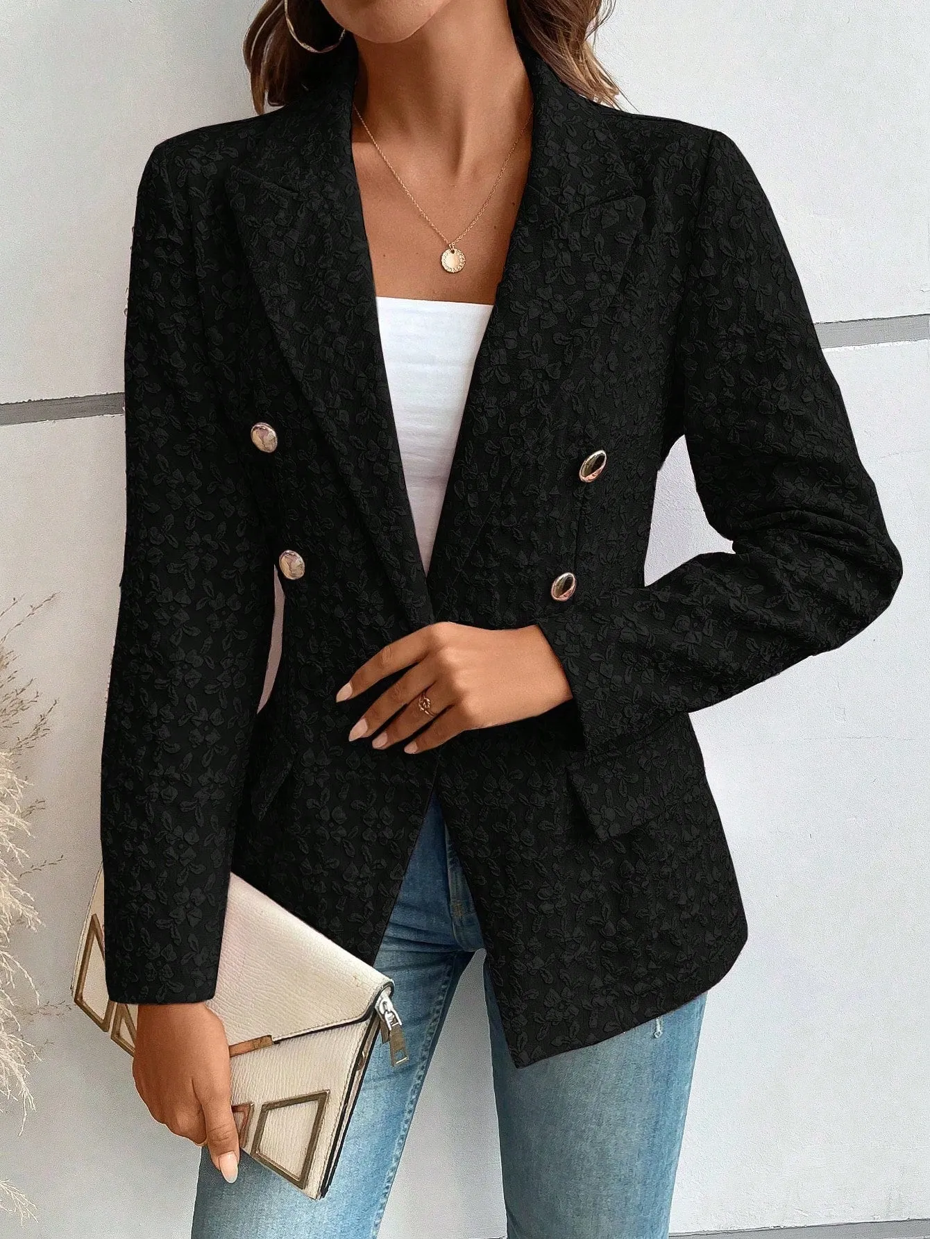 Lapel Neck Flap Detail Double Breasted Blazer