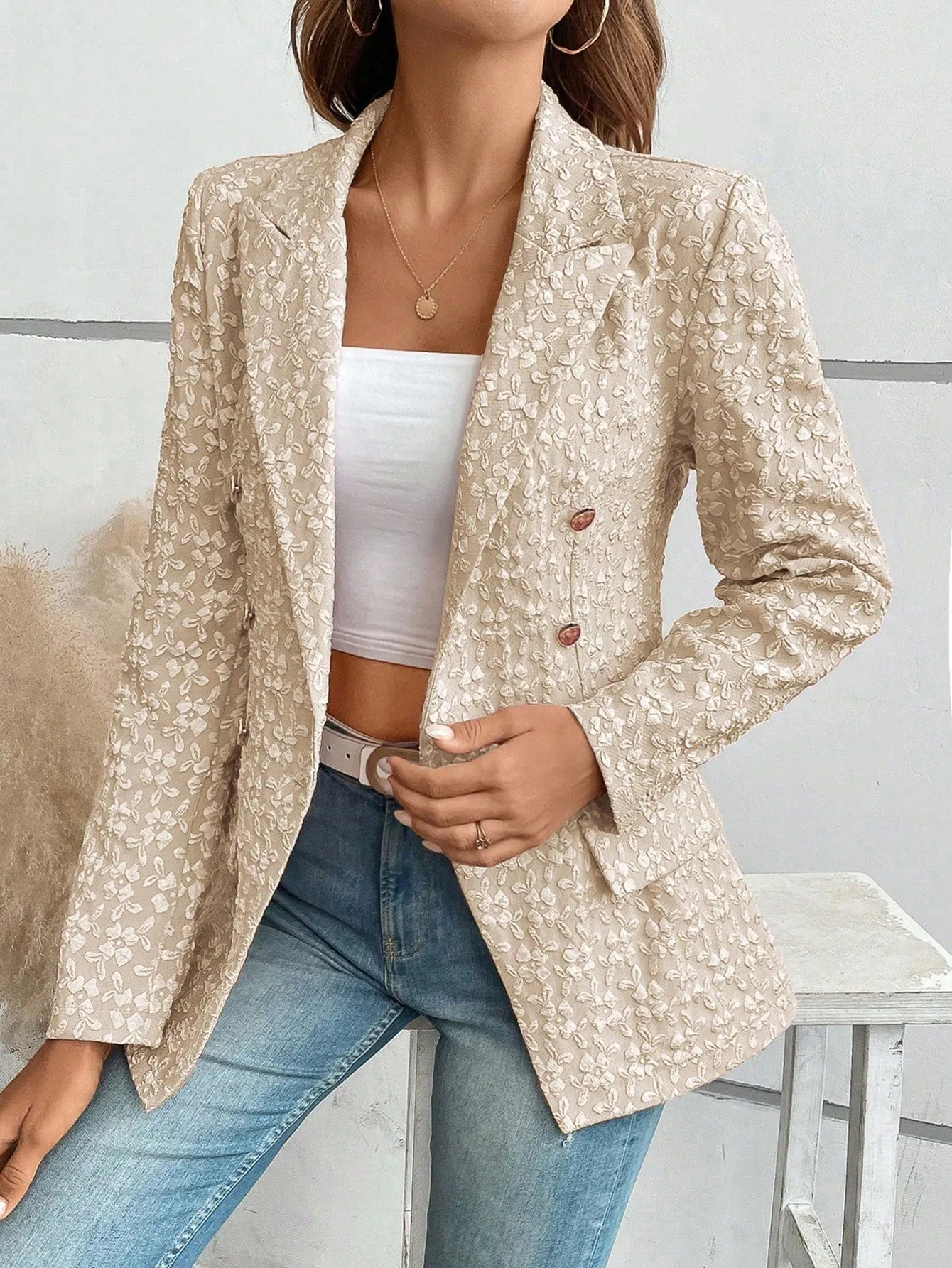 Lapel Neck Flap Detail Double Breasted Blazer