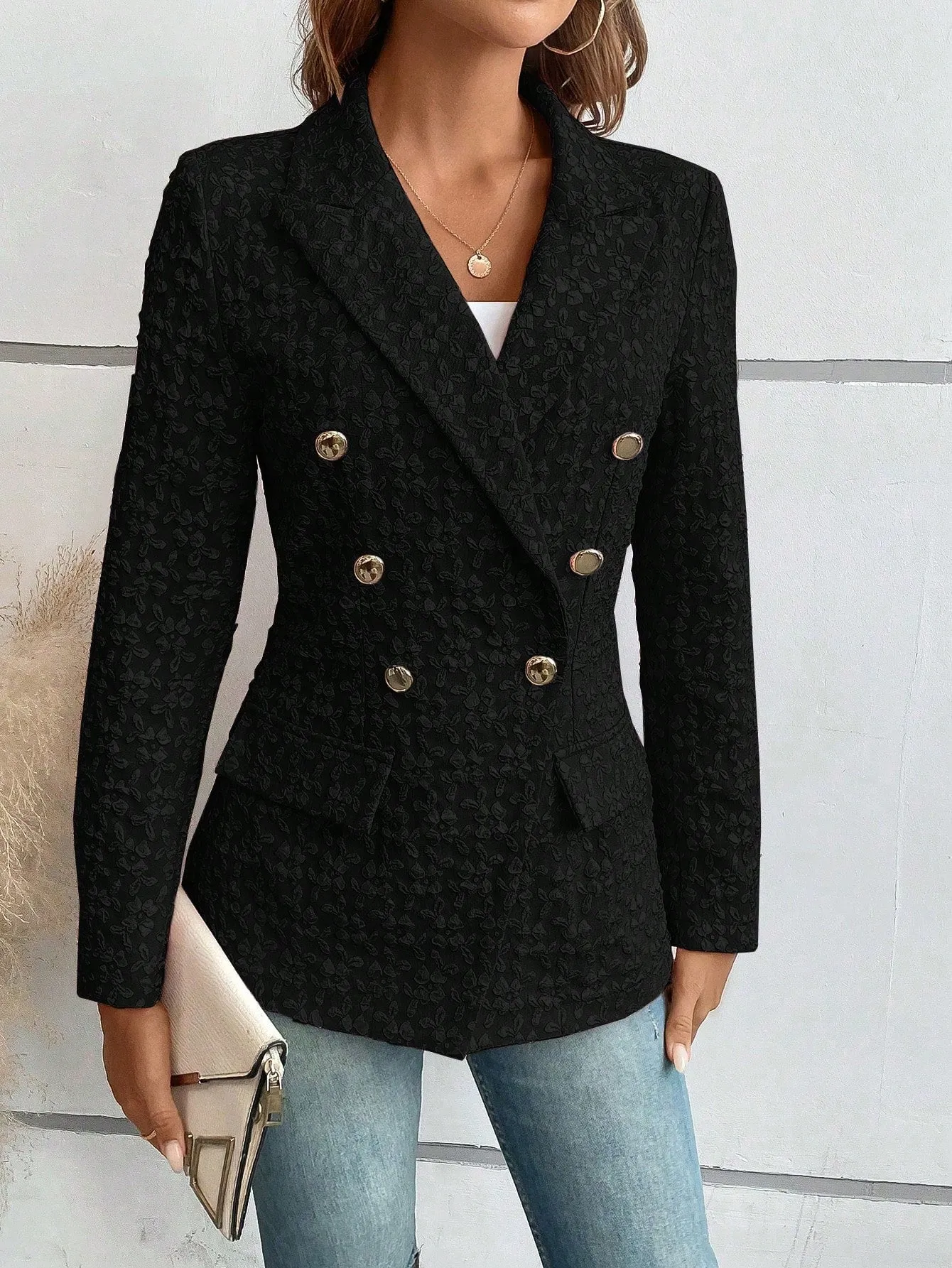 Lapel Neck Flap Detail Double Breasted Blazer