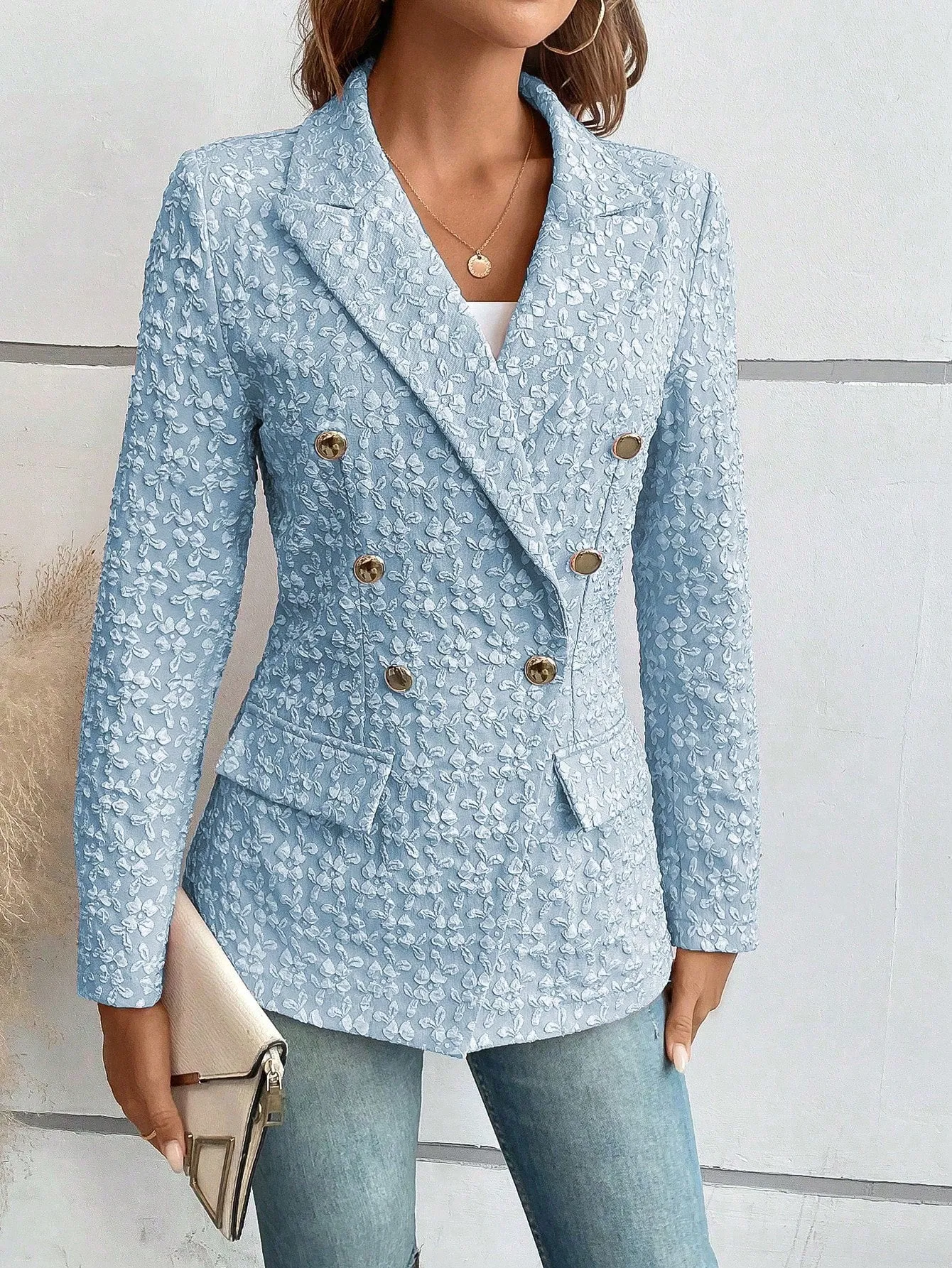 Lapel Neck Flap Detail Double Breasted Blazer