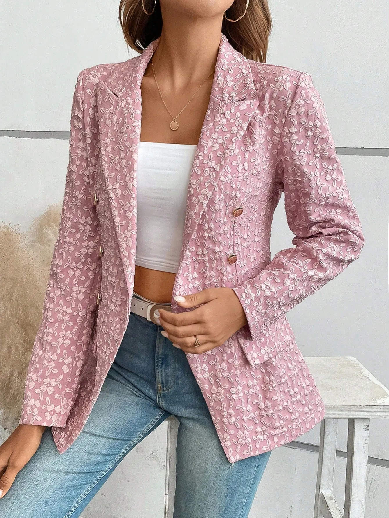 Lapel Neck Flap Detail Double Breasted Blazer