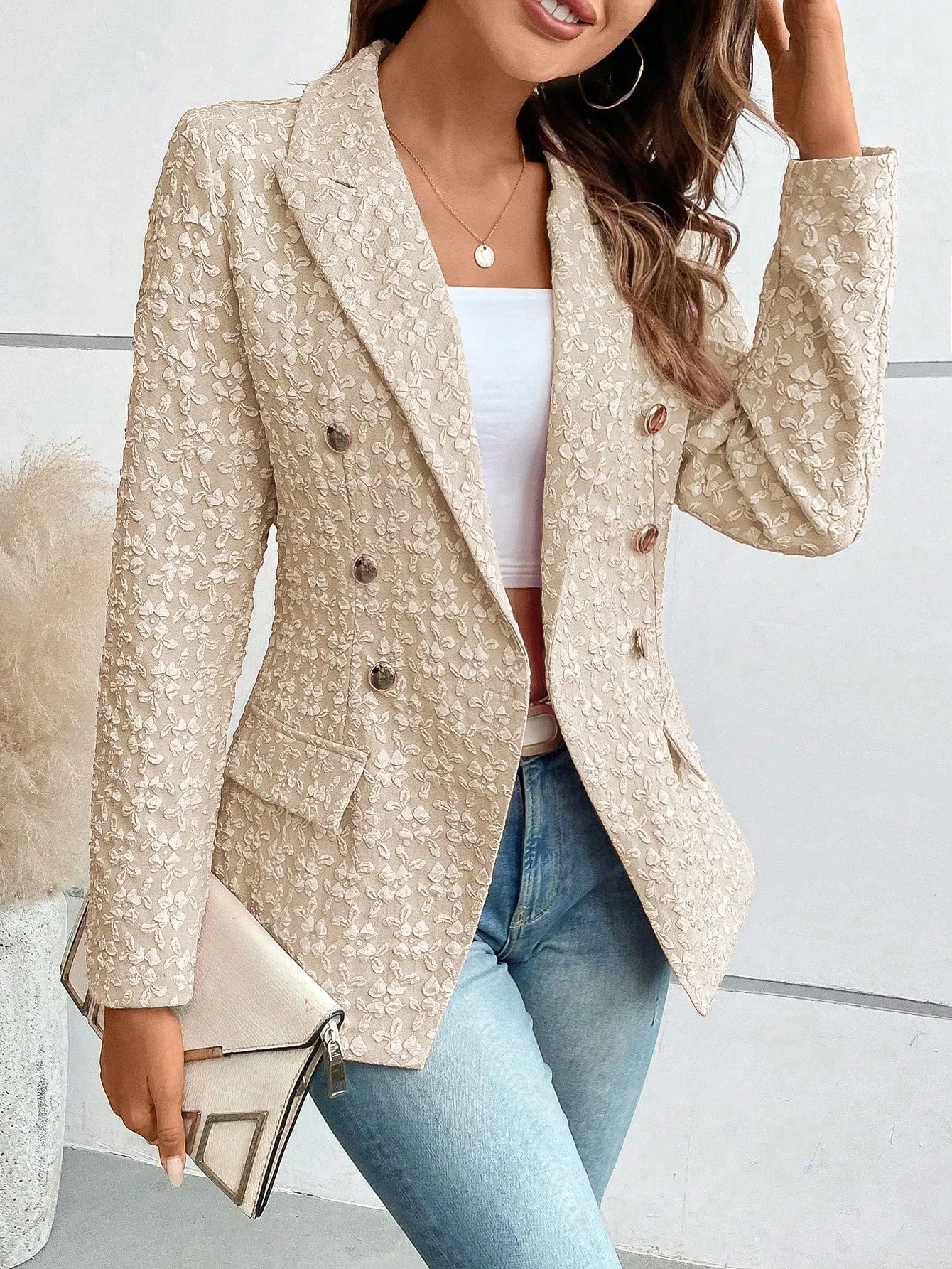 Lapel Neck Flap Detail Double Breasted Blazer