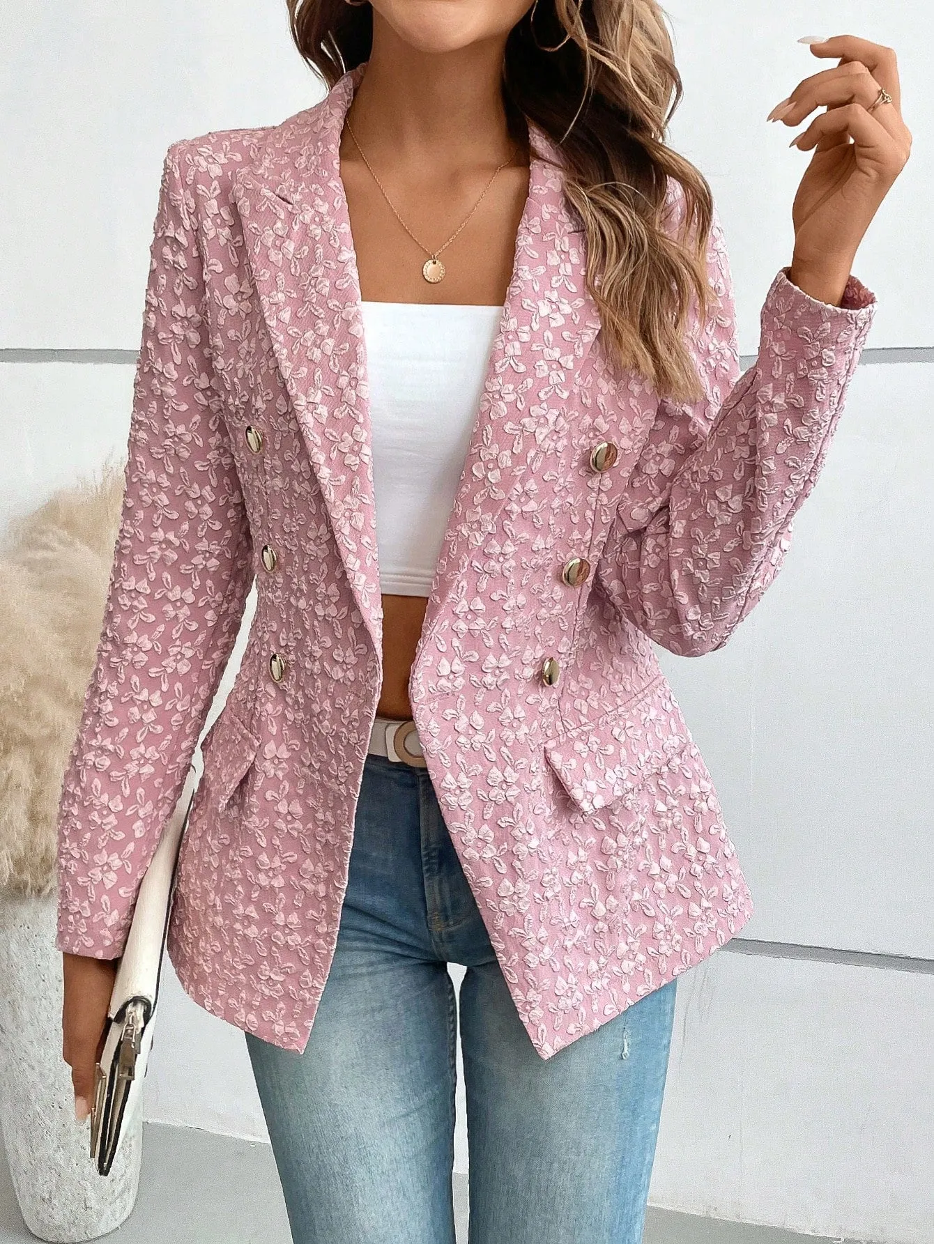 Lapel Neck Flap Detail Double Breasted Blazer