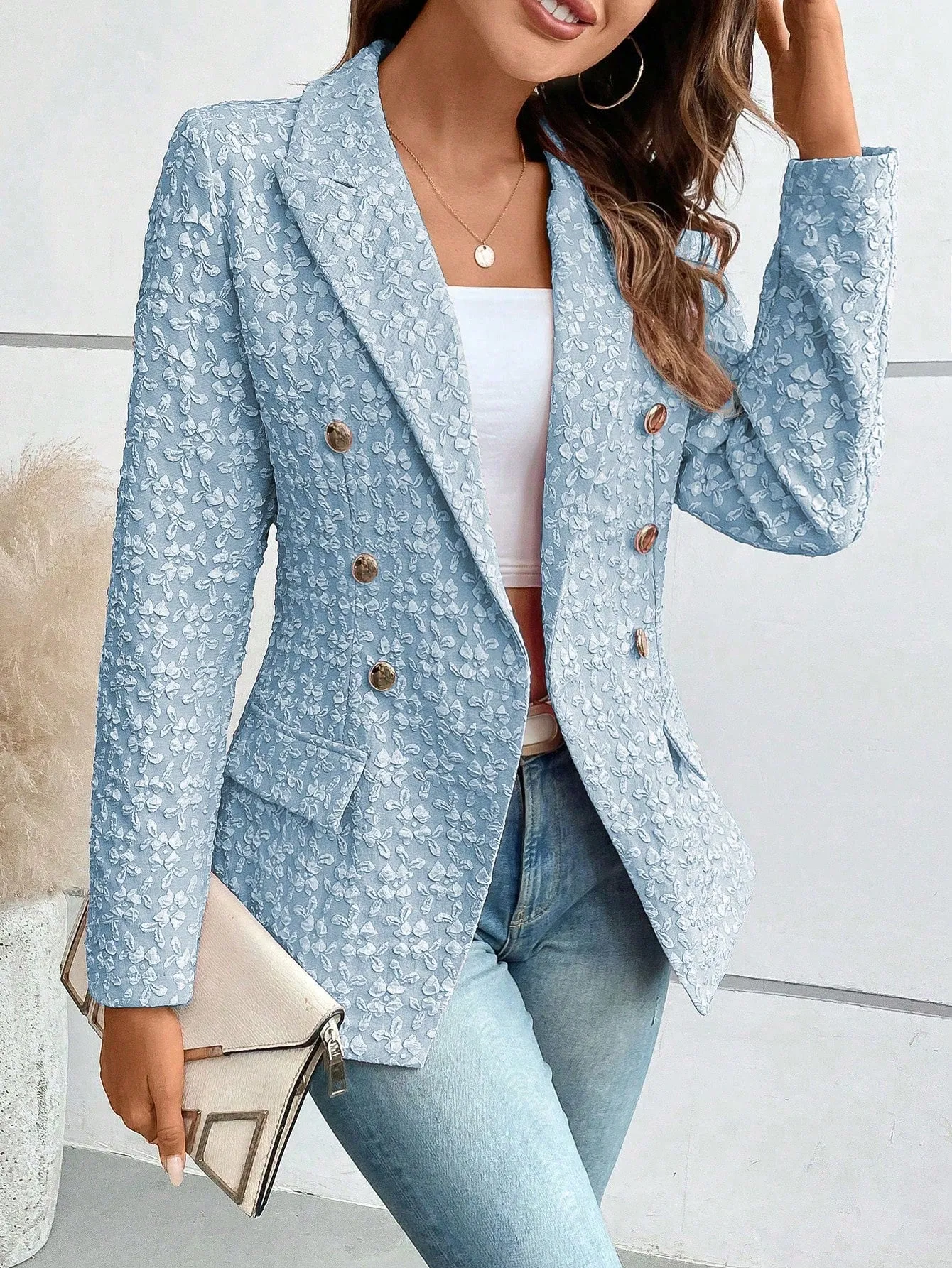 Lapel Neck Flap Detail Double Breasted Blazer