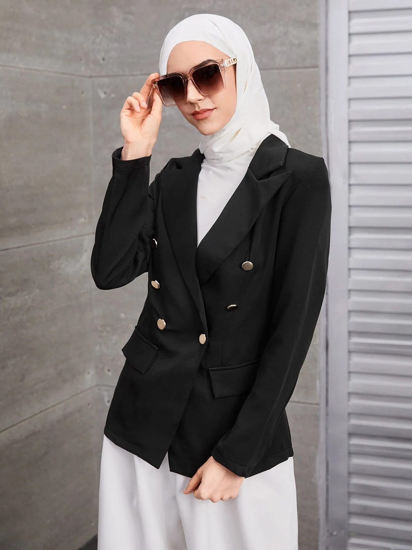 Lapel Neck Flap Detail Double Breasted Blazer