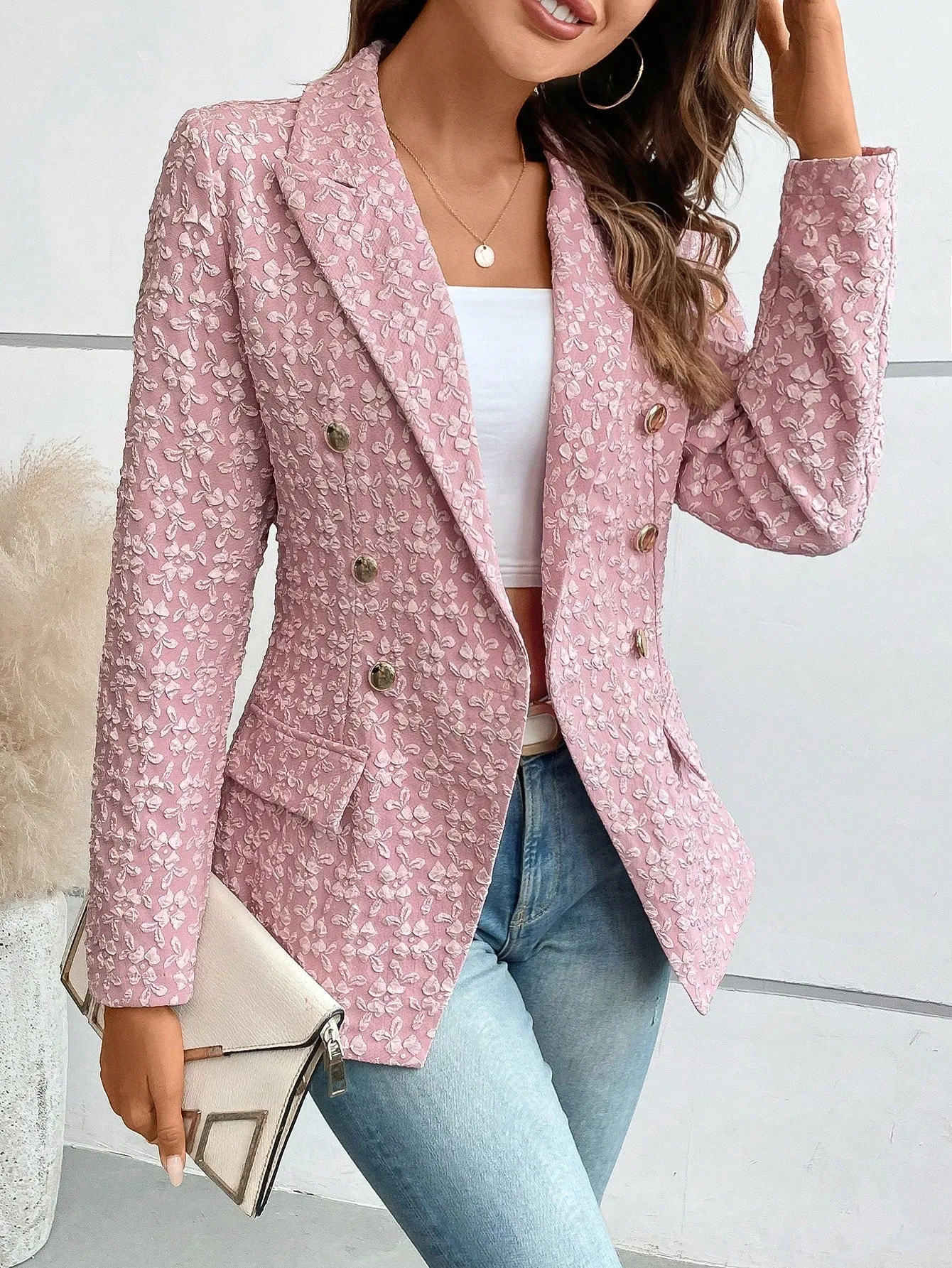 Lapel Neck Flap Detail Double Breasted Blazer