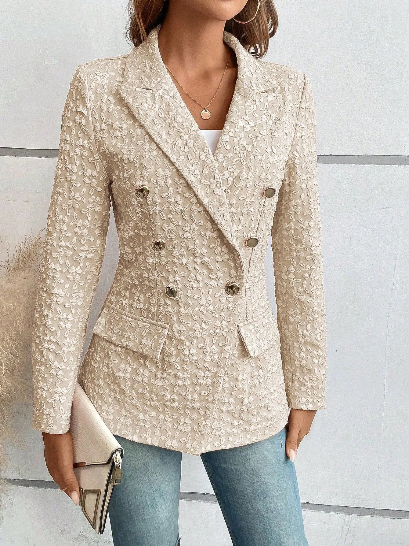 Lapel Neck Flap Detail Double Breasted Blazer