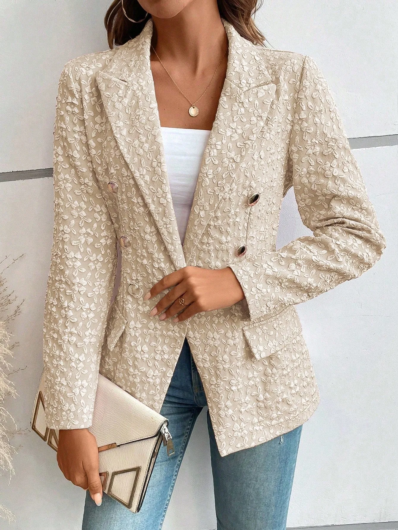 Lapel Neck Flap Detail Double Breasted Blazer