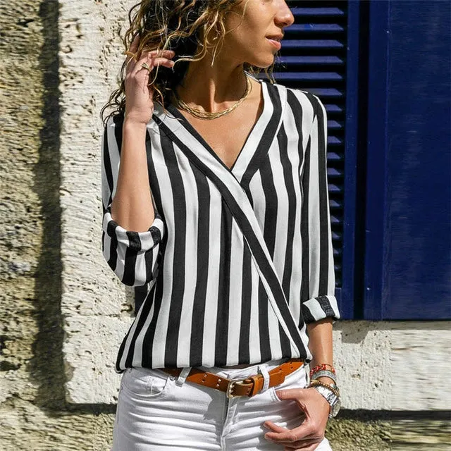 Long Sleeve V-neck Striped Shirt for Women Fashion Pullover Long Sleeve V Neck Striped Shirt