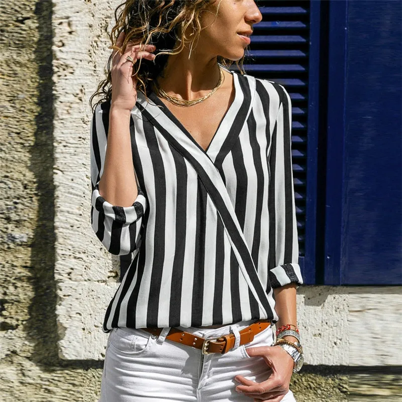 Long Sleeve V-neck Striped Shirt for Women Fashion Pullover Long Sleeve V Neck Striped Shirt