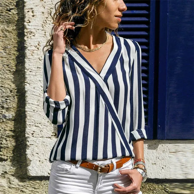 Long Sleeve V-neck Striped Shirt for Women Fashion Pullover Long Sleeve V Neck Striped Shirt