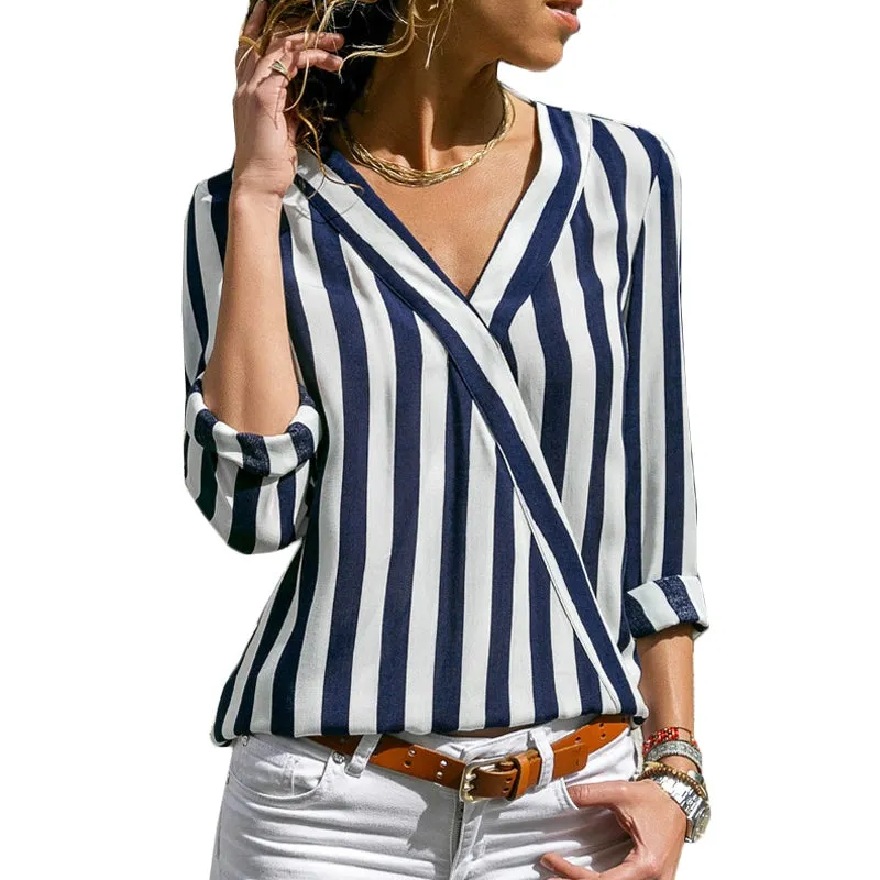 Long Sleeve V-neck Striped Shirt for Women Fashion Pullover Long Sleeve V Neck Striped Shirt