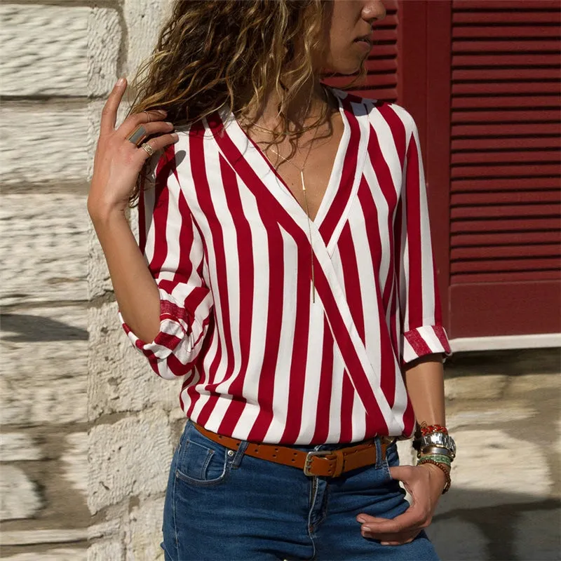 Long Sleeve V-neck Striped Shirt for Women Fashion Pullover Long Sleeve V Neck Striped Shirt