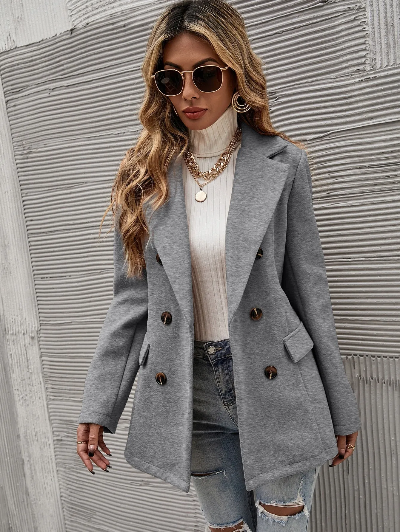 LUNE Solid Double Breasted Blazer