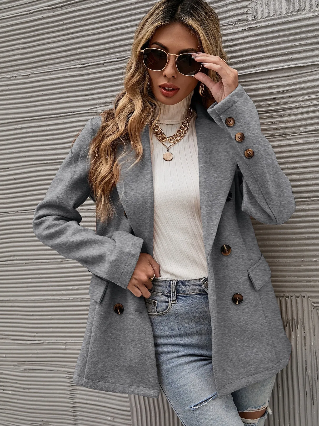 LUNE Solid Double Breasted Blazer