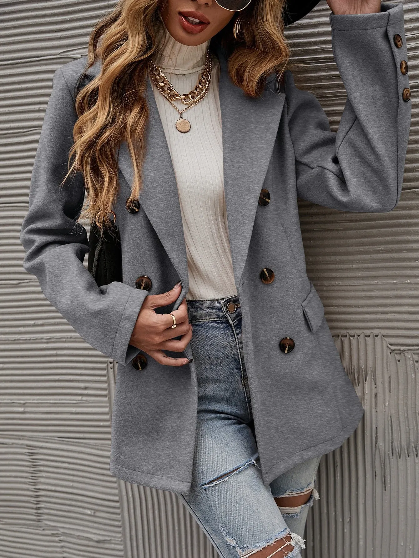 LUNE Solid Double Breasted Blazer