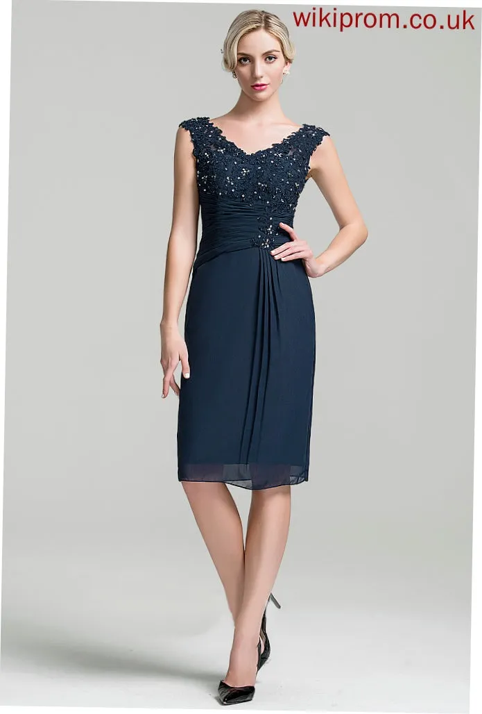 Mother Beading the Ruffle Mother of the Bride Dresses Knee-Length Dress of With V-neck Chiffon Sequins Emery Sheath/Column Bride