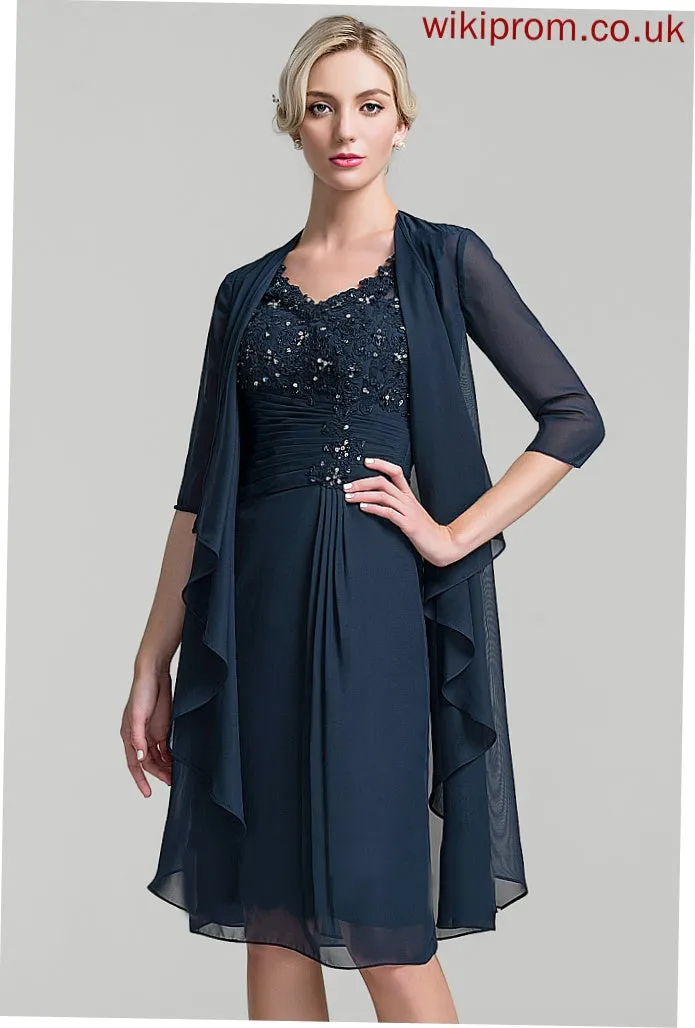 Mother Beading the Ruffle Mother of the Bride Dresses Knee-Length Dress of With V-neck Chiffon Sequins Emery Sheath/Column Bride