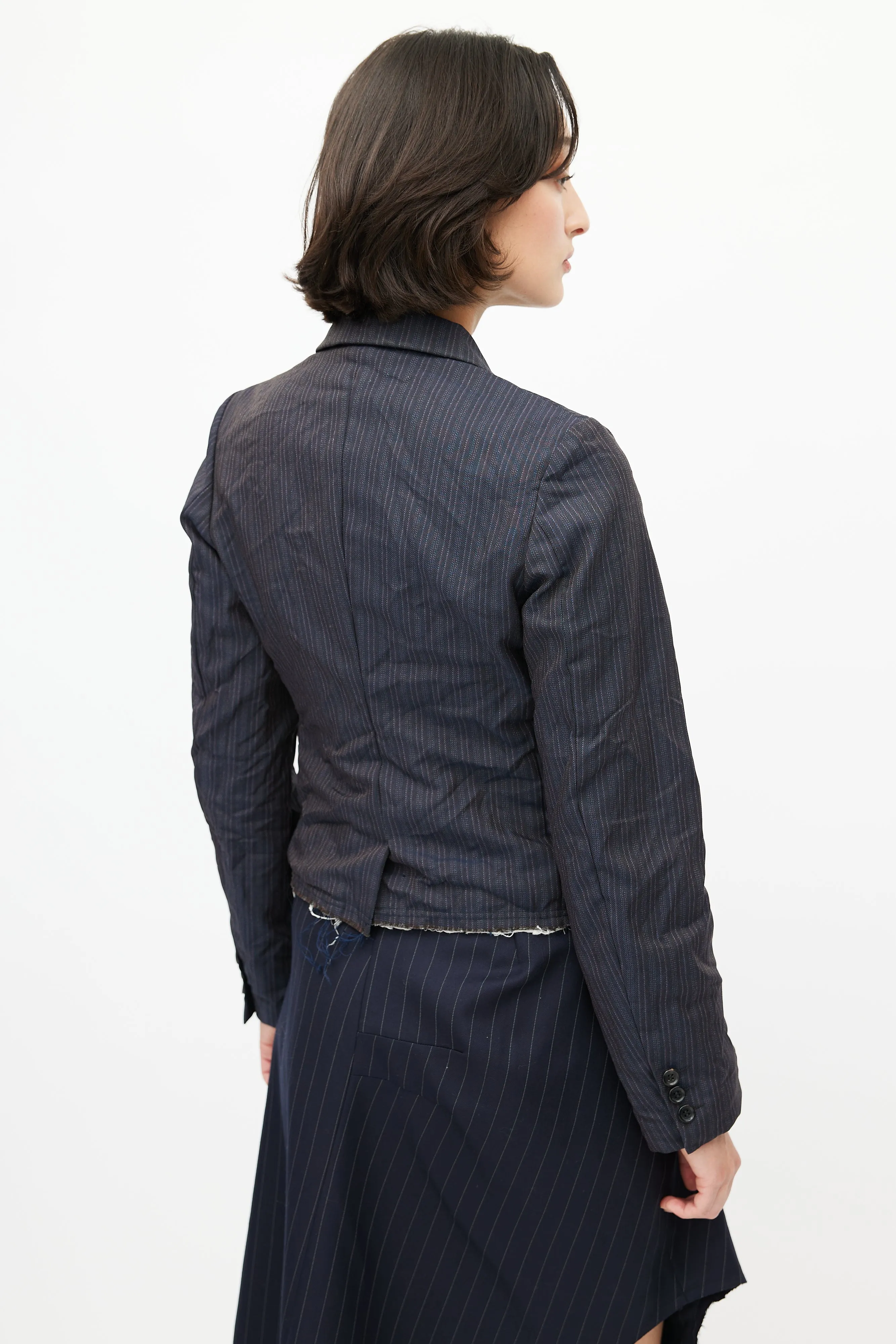 Navy Pinstripe Raw Hem Blazer