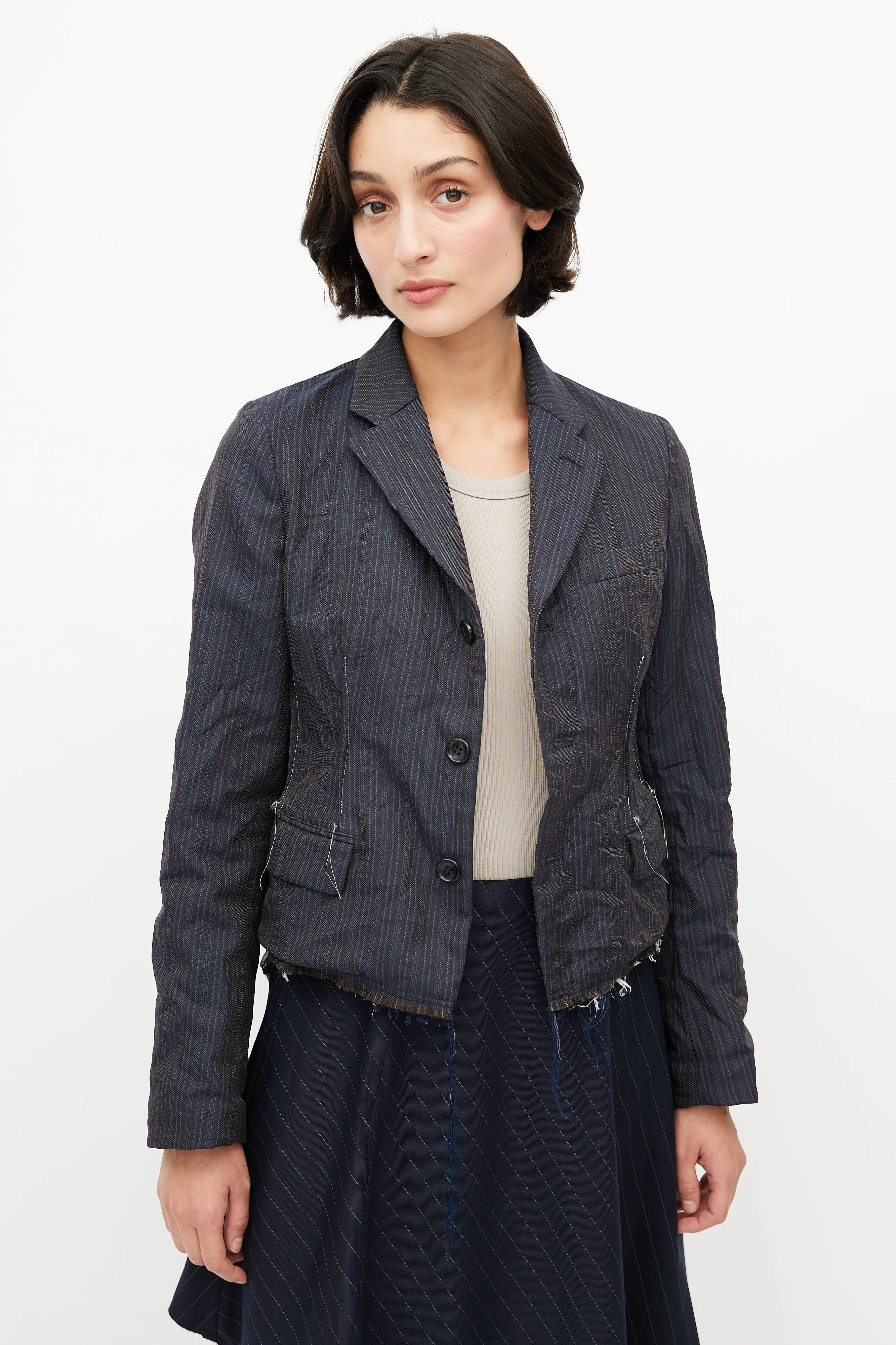 Navy Pinstripe Raw Hem Blazer