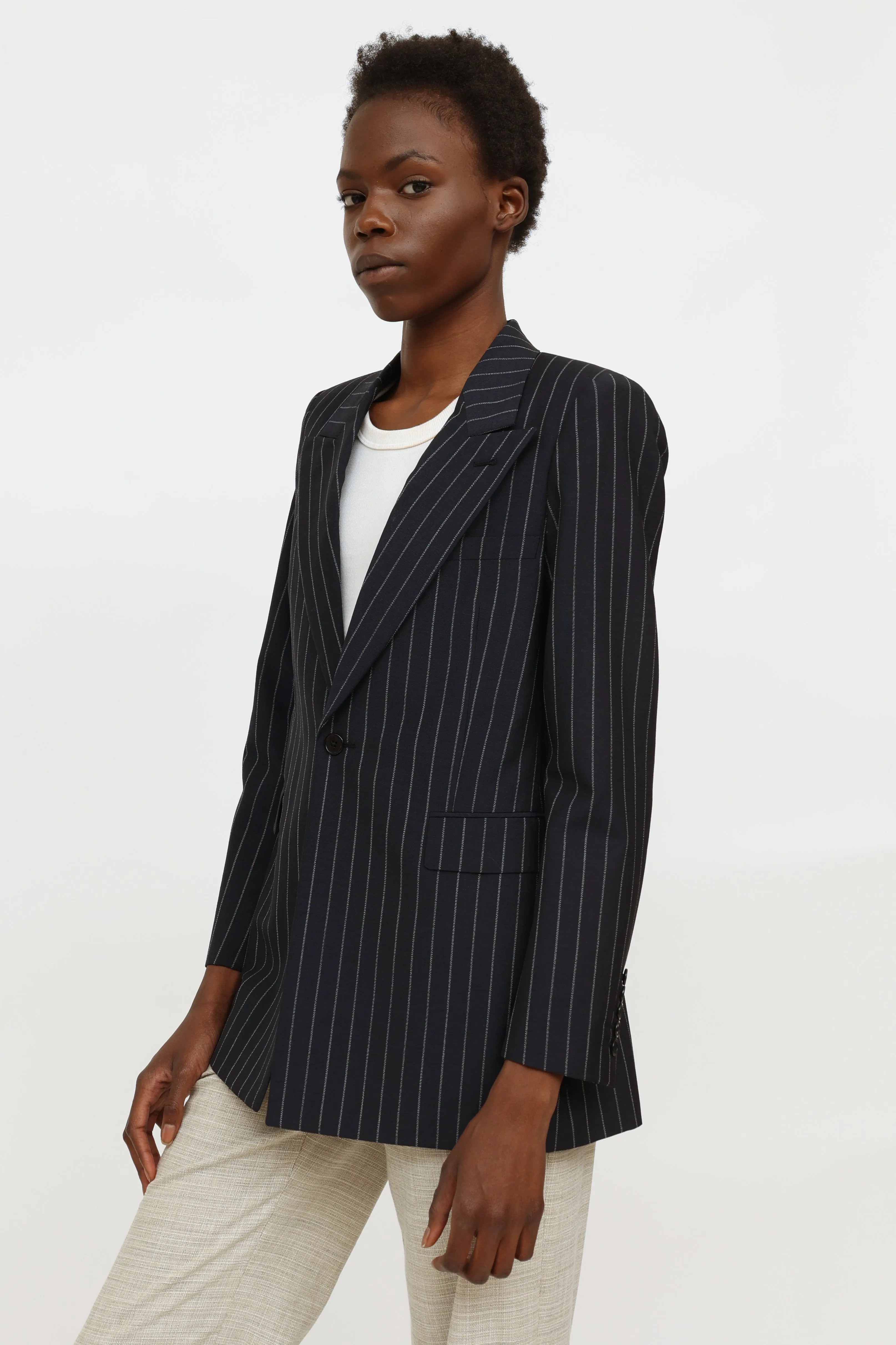 Navy Pinstripe Single Button Blazer