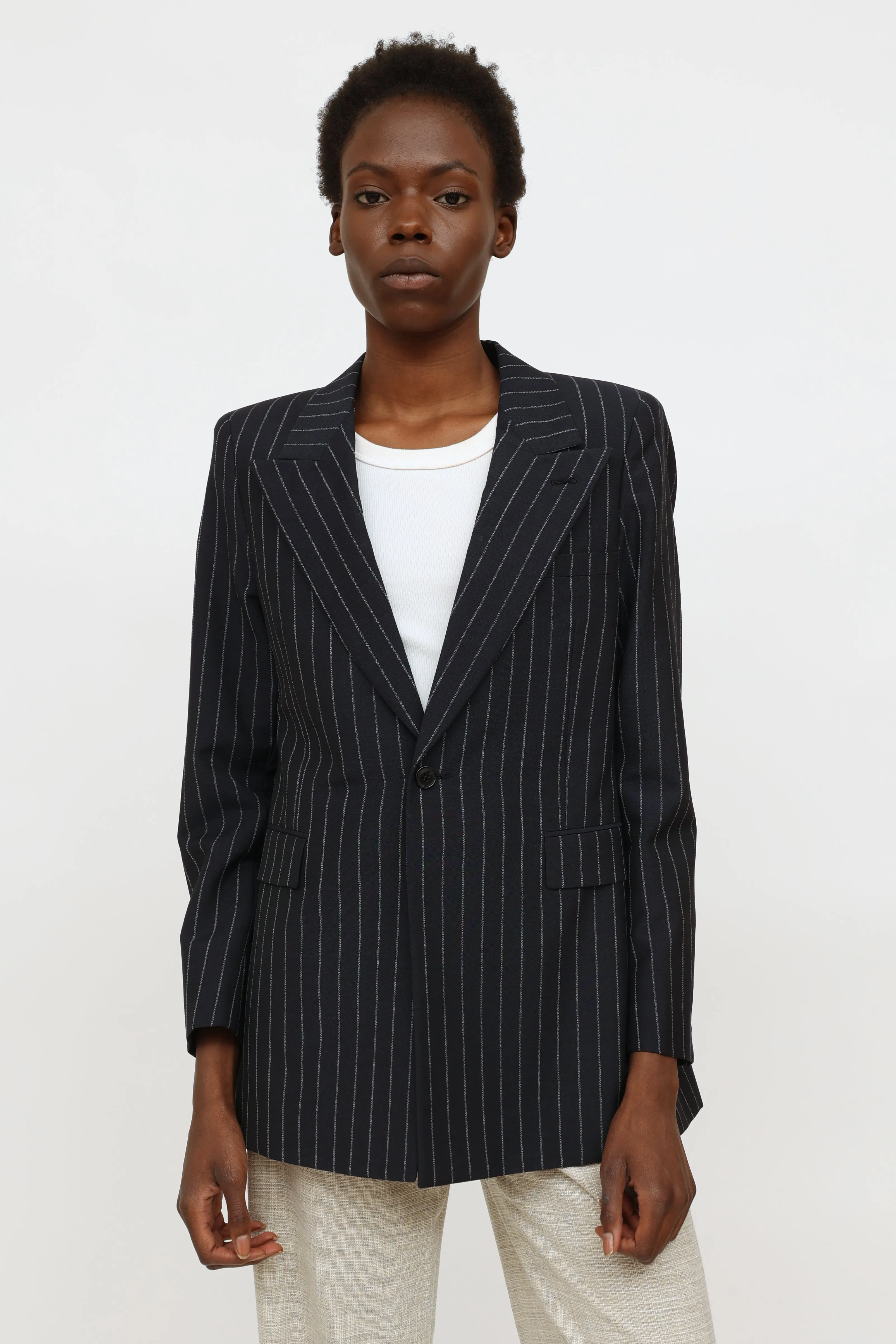 Navy Pinstripe Single Button Blazer