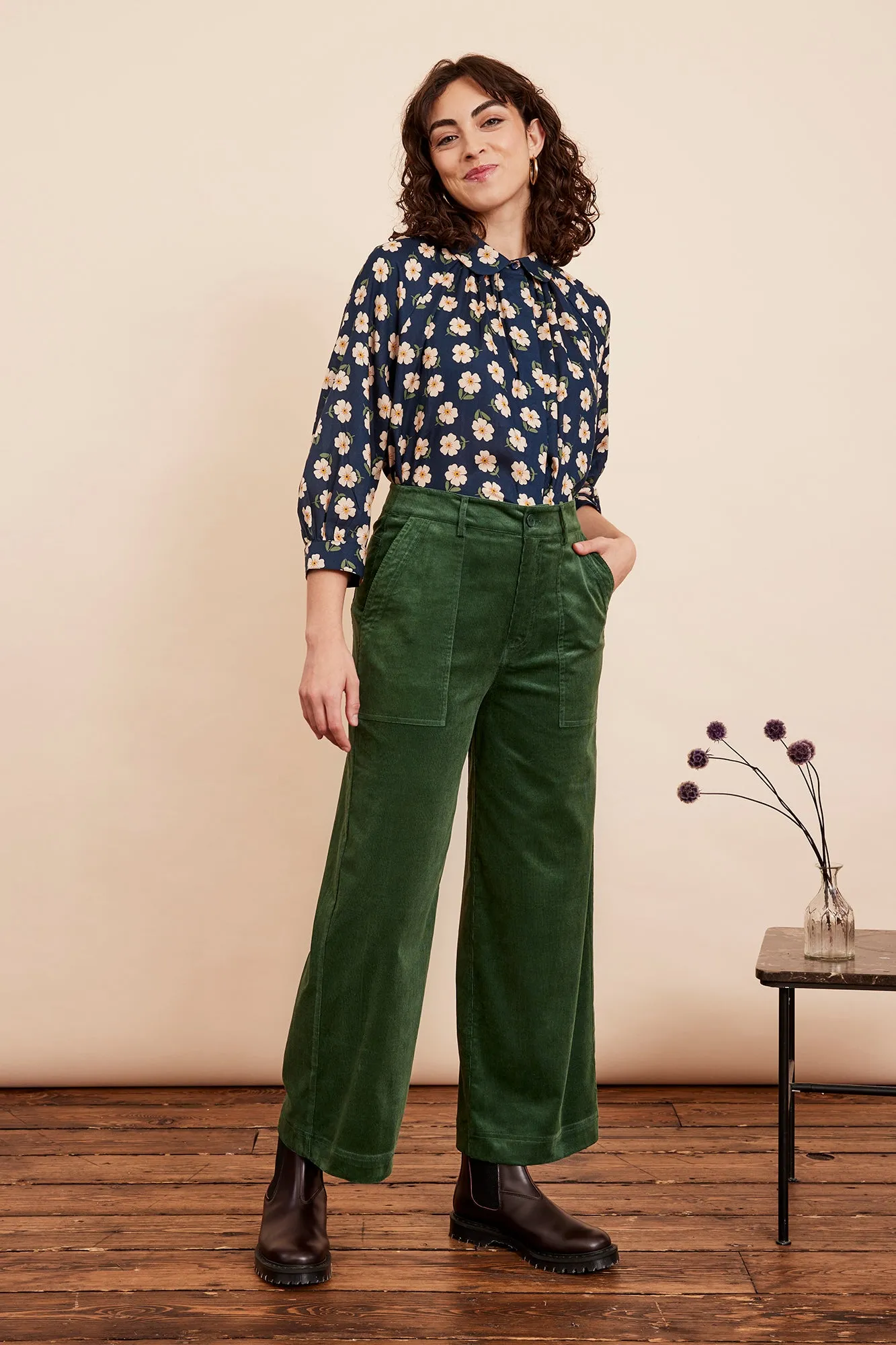 Nora Needlecord Forest Green Trouser Cropped