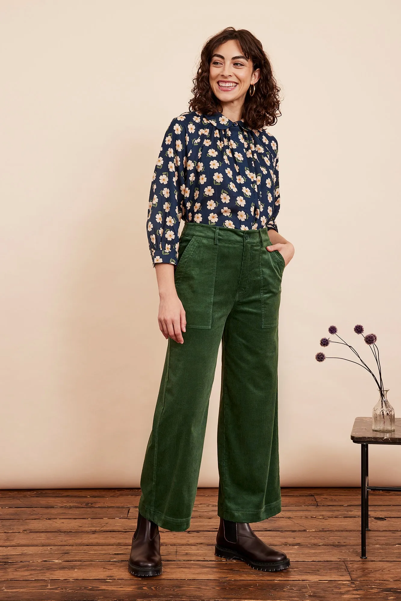 Nora Needlecord Forest Green Trouser Cropped