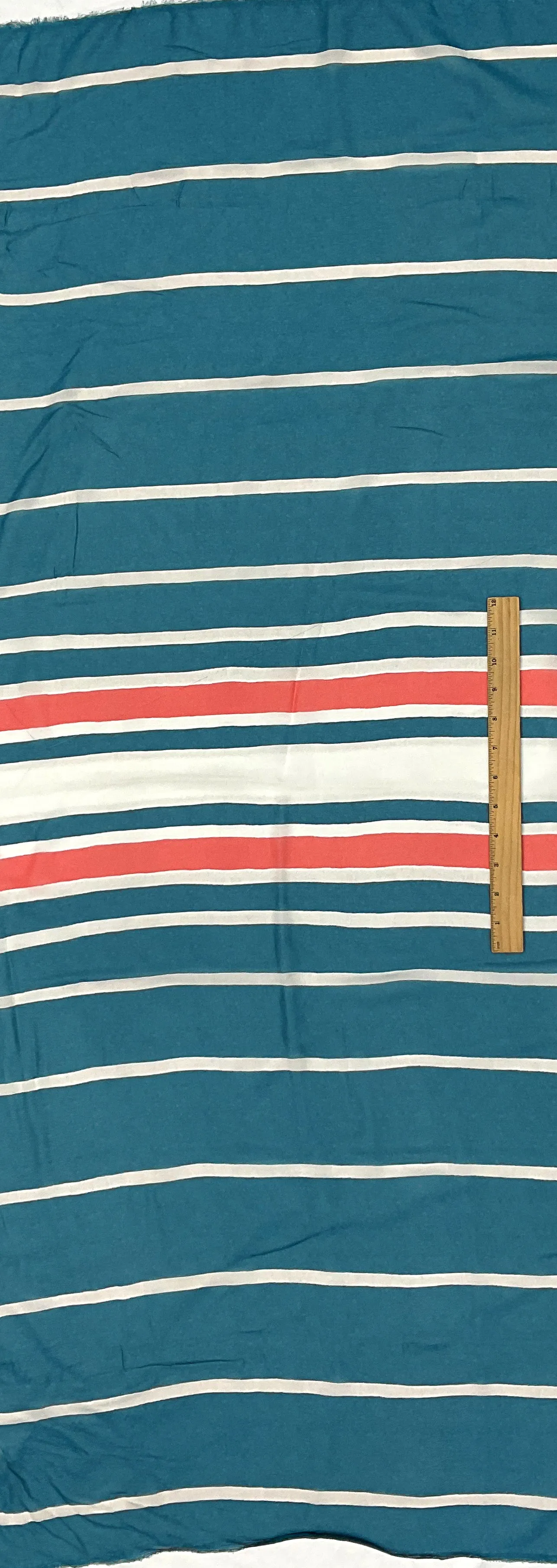 Ocean Teal-Red-Ivory Stripe Printed Silk Chiffon Fabric