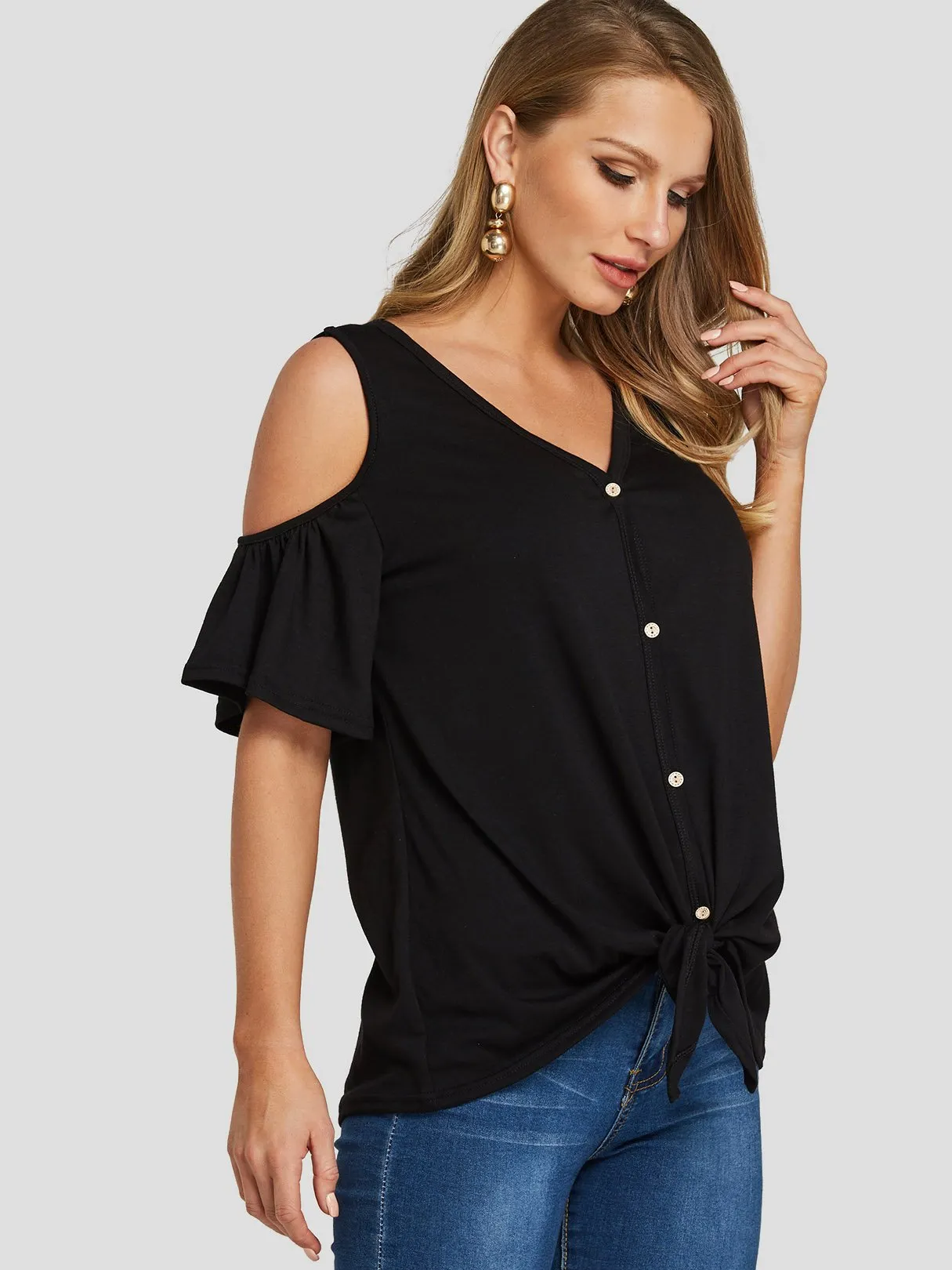 OEM ODM V-Neck Cut Out Short Sleeve Black Top