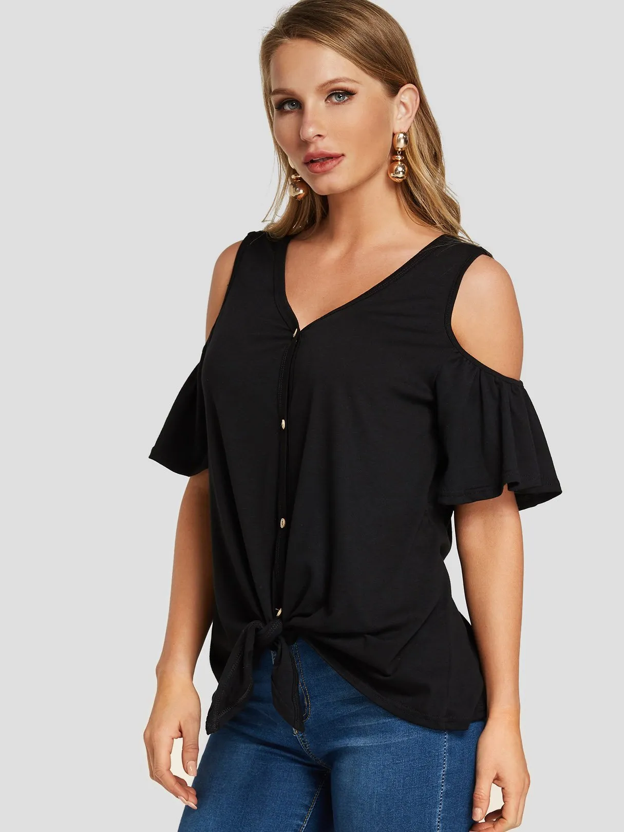 OEM ODM V-Neck Cut Out Short Sleeve Black Top