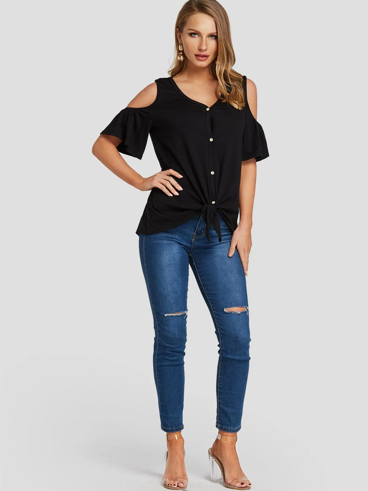 OEM ODM V-Neck Cut Out Short Sleeve Black Top