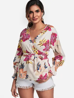 OEM ODM V-Neck Floral Print Crossed Front Self-Tie Long Sleeve Blouses