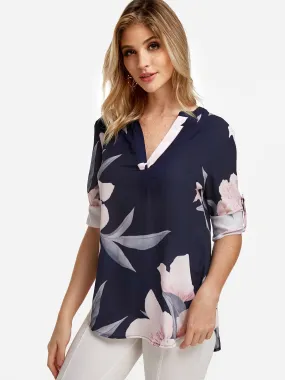 OEM ODM V-Neck Floral Print Long Sleeve Curved Hem Navy Blouses